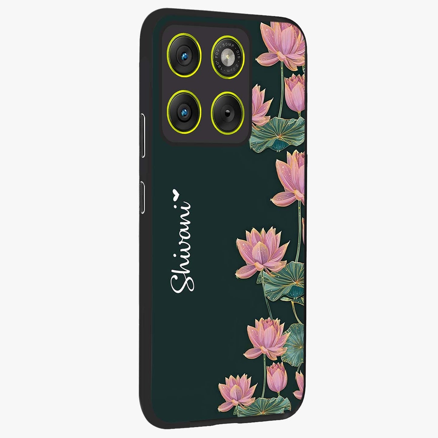 Lotus Bloom Serenity Custom Name Glass Case upright view showcasing serene lotus bloom artwork with personalized floral aesthetic.