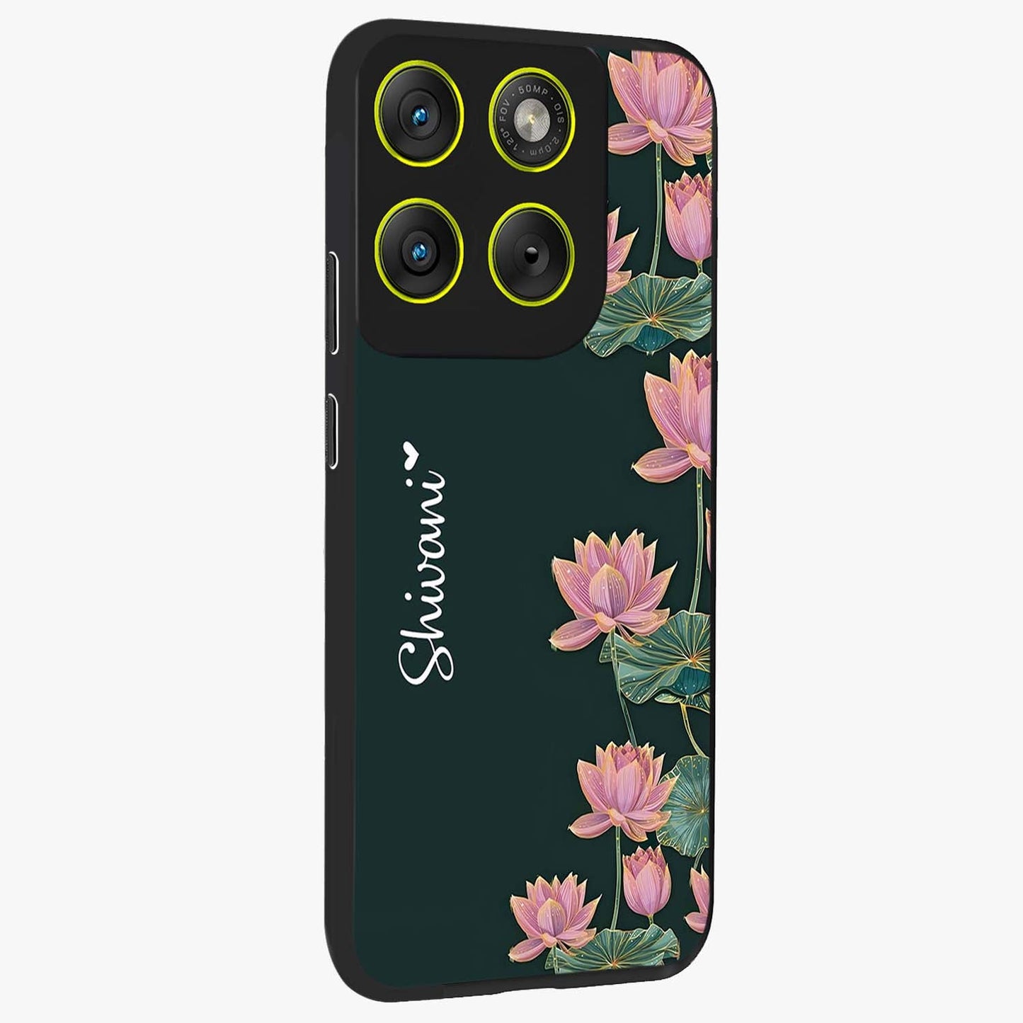 Lotus Bloom Serenity Custom Name Glass Case upright view showcasing serene lotus bloom artwork with personalized floral aesthetic.