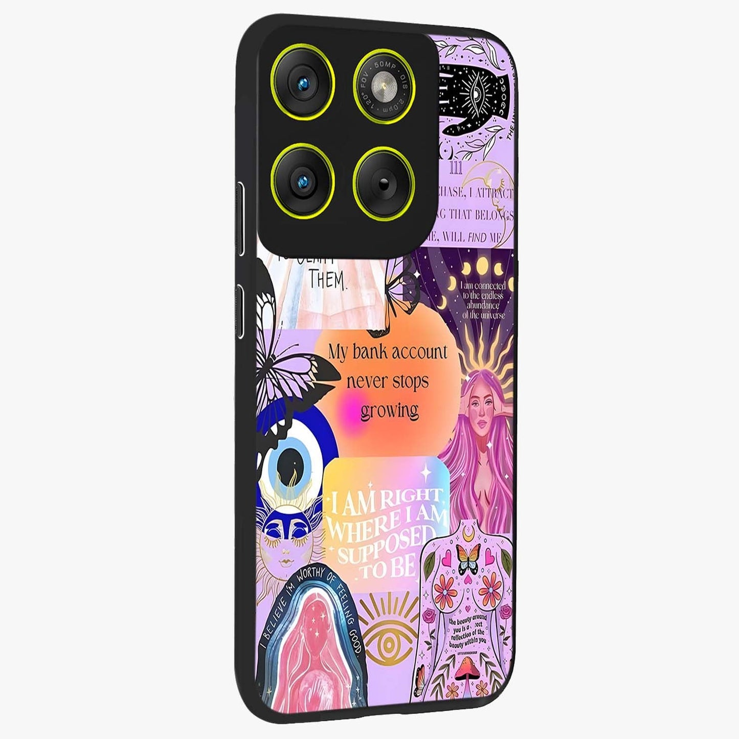 Manifestation Collage Glass Case upright view showcasing artistic manifestation themed artwork with creative style.