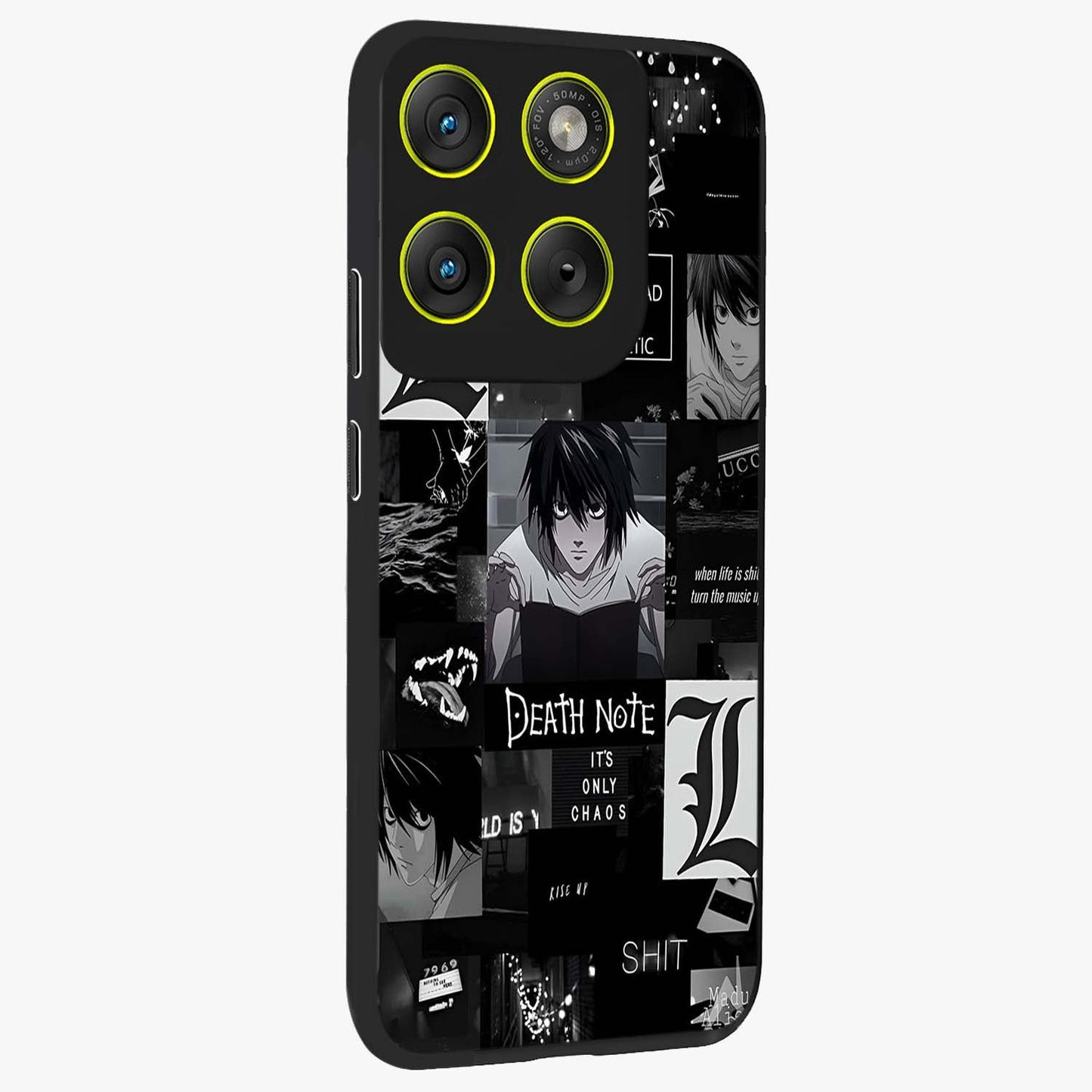 Midnight Chaos Mind Glass Case upright view showcasing expressive abstract artwork with bold dark theme.
