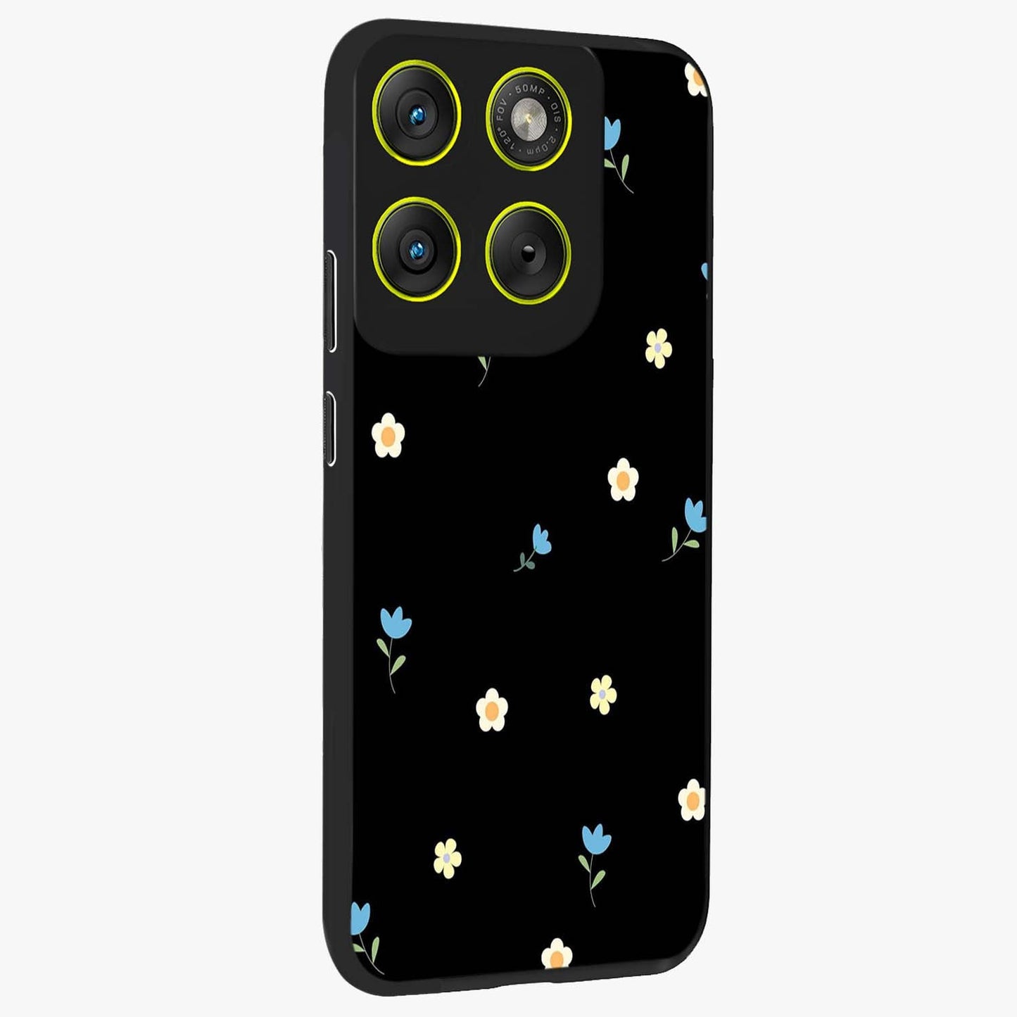 Minimal Petal Whispers Glass Case upright view showcasing elegant floral artwork with modern minimalist style.