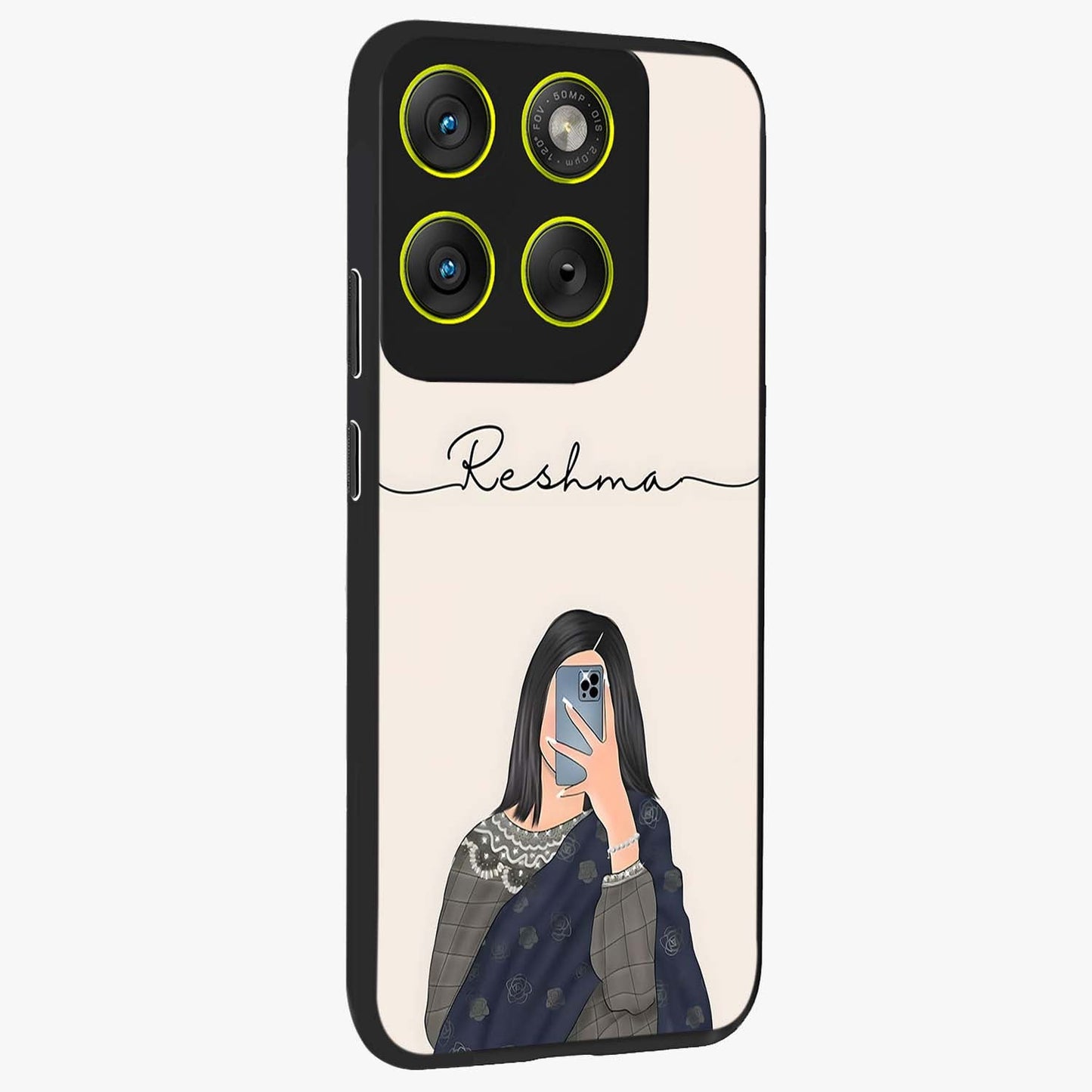 Mirror Mood Muse With Custom Name Glass Case upright view showcasing artistic mirror themed artwork with personalized aesthetic.