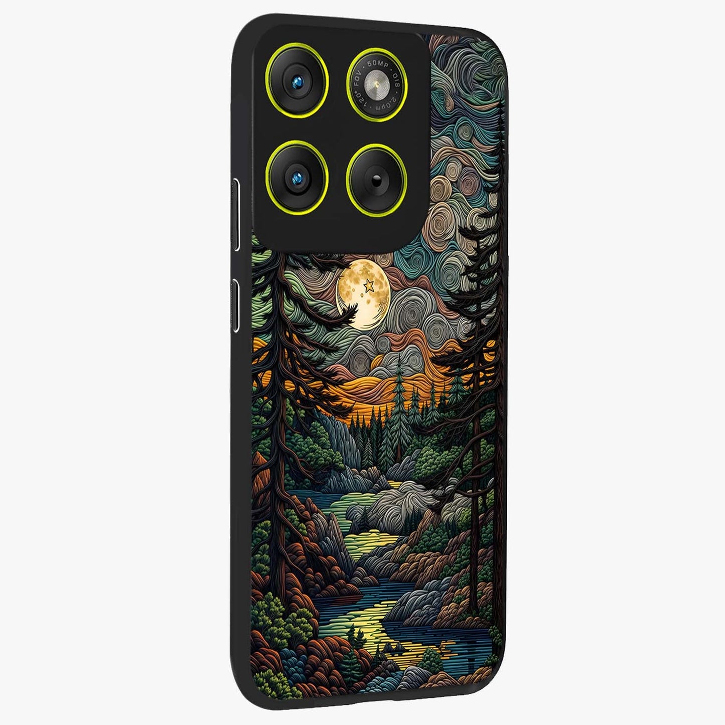 Moonlight Forest Dream Glass Case upright view showcasing magical forest artwork with calm night theme.