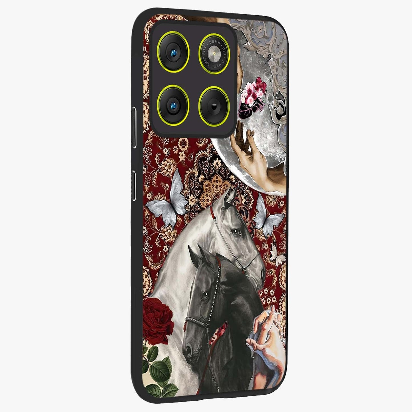 Moonlit Royal Stallion Glass Case upright view showcasing dramatic horse artwork with glowing moon themed design.