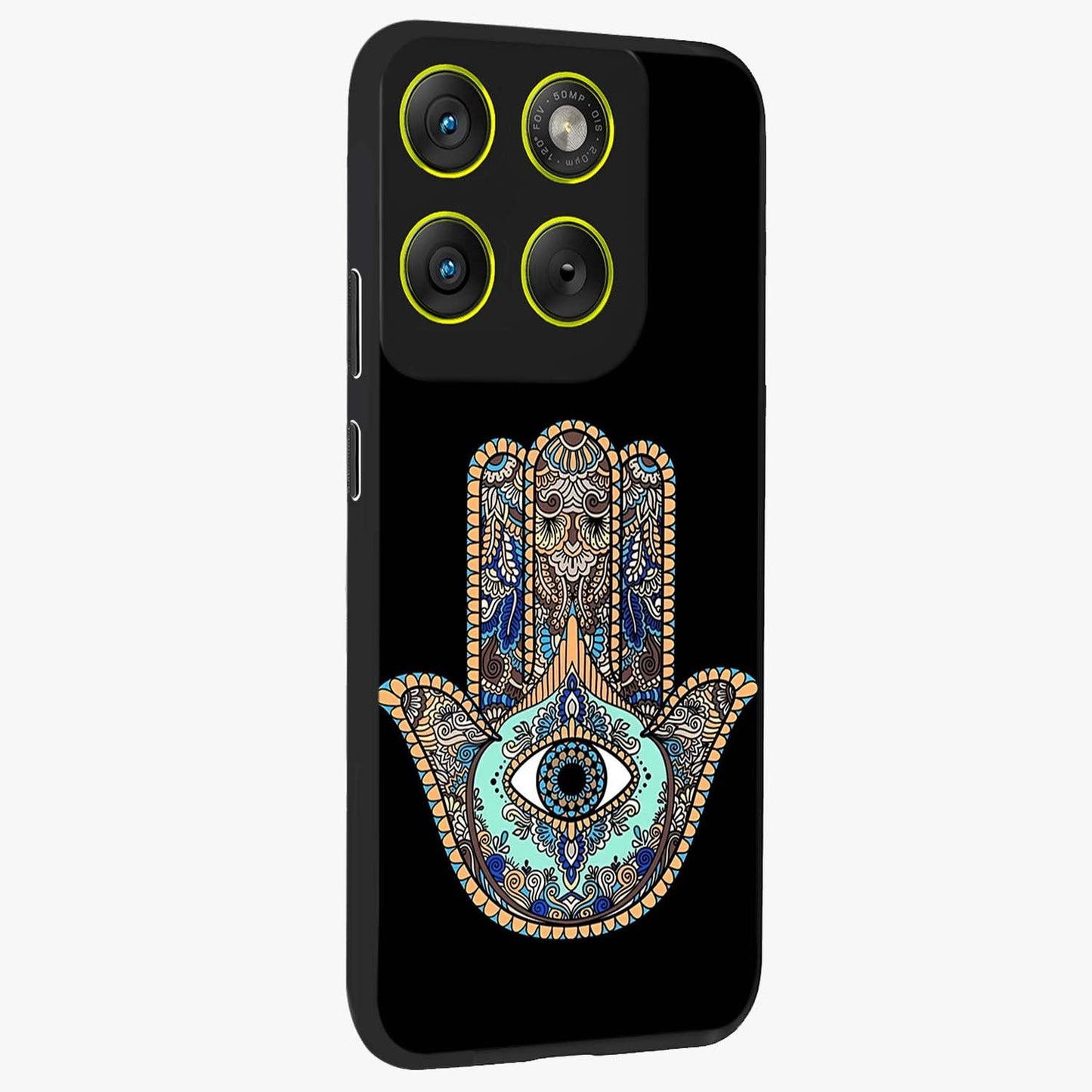 Mystic Hamsa Eye Glass Case upright view showcasing detailed hamsa eye artwork with protective spiritual theme.
