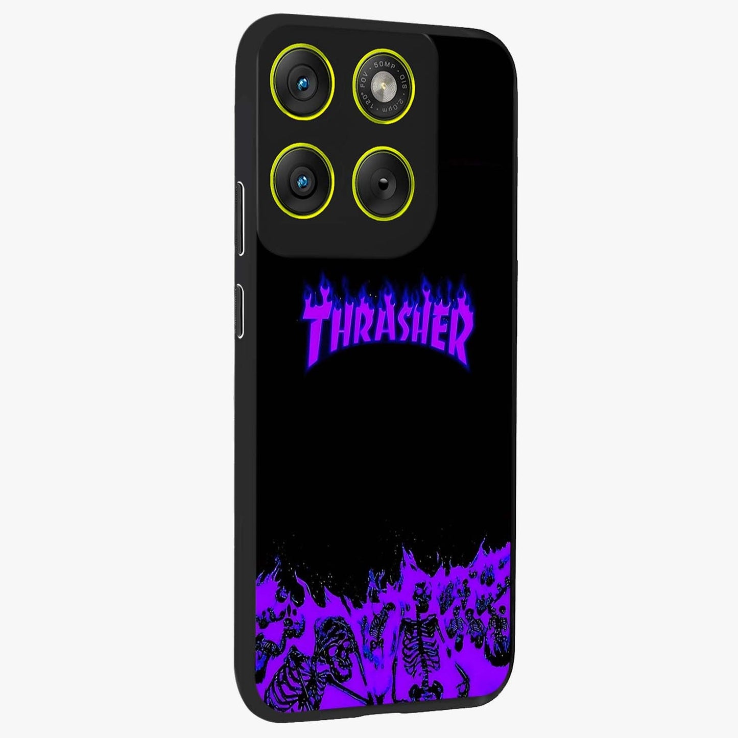 Neon Flame Riot Glass Case upright view showcasing dynamic flame artwork with energetic neon theme.