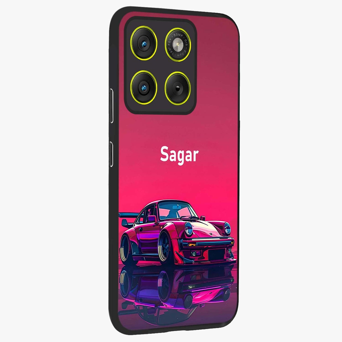Neon Pink Porsche Glass Case upright view showcasing vibrant sports car artwork with bold automotive theme.
