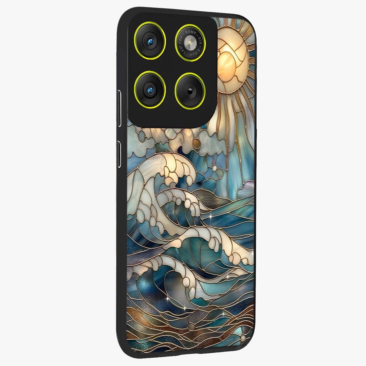 Oceanic Stained Printed Glass Case upright view showcasing decorative ocean pattern artwork with vibrant marine theme.