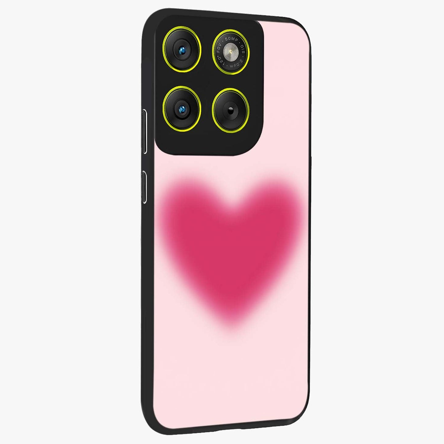 Pink Aura Heart Glass Case upright view showcasing romantic heart artwork with soft pastel theme.