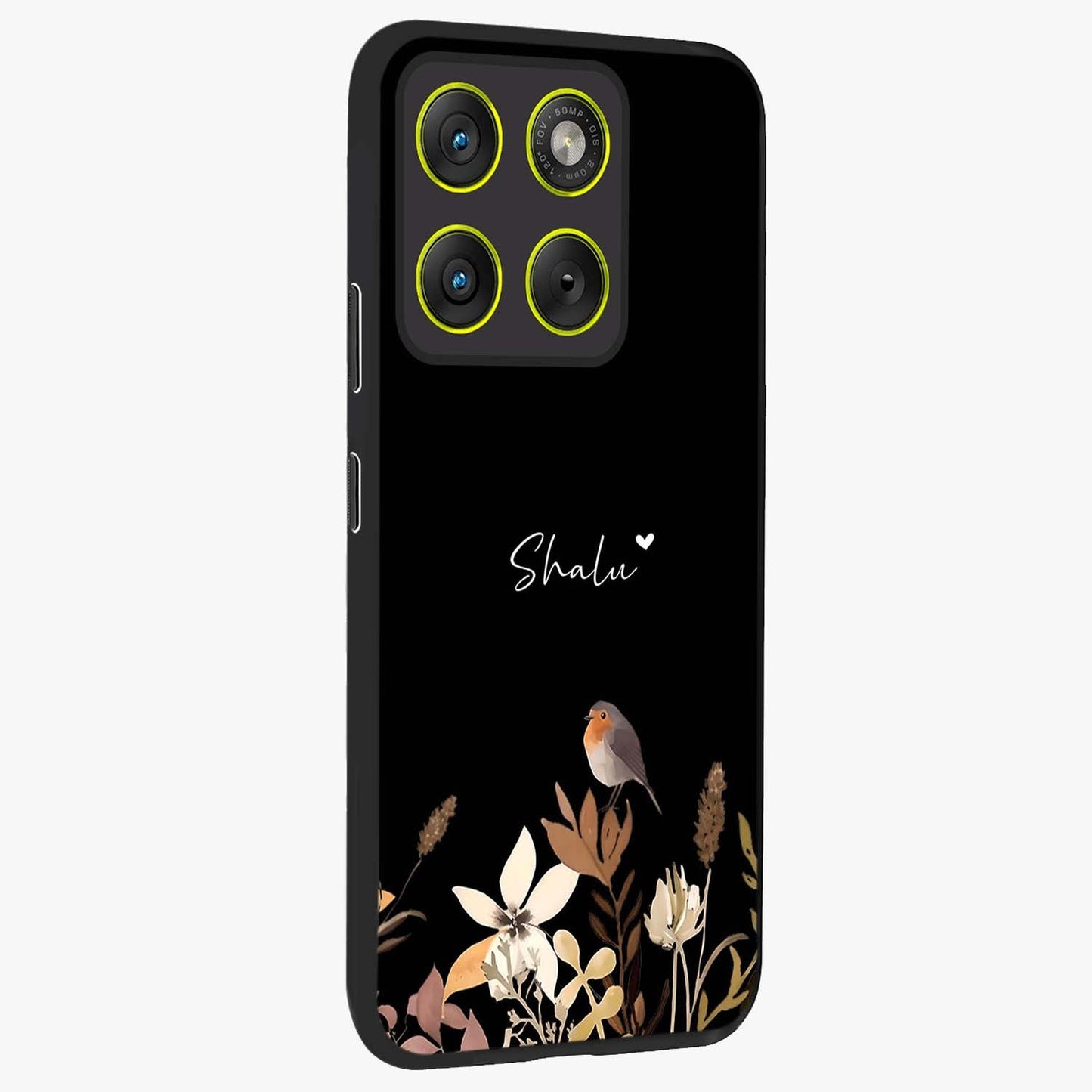 Quiet Garden Tune Custom Name Glass Case upright view showcasing serene botanical artwork with personalized aesthetic.