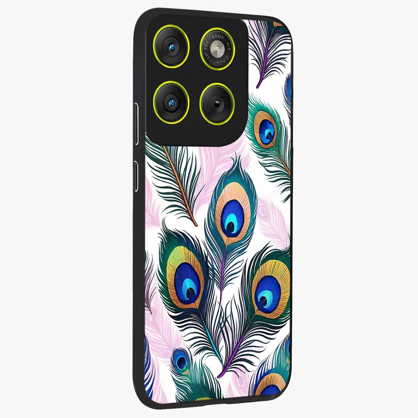 Royal Peacock Feathers Glass Case upright view showcasing elegant peacock feather artwork with decorative royal theme.