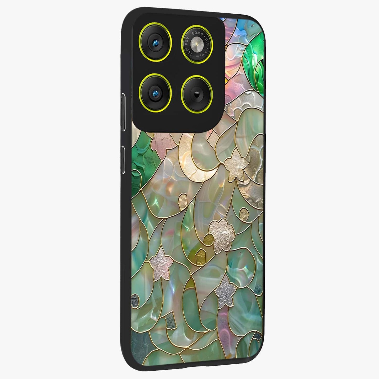Stained Sunrise Glow Glass Case upright view showcasing colorful sunrise artwork with warm morning theme.