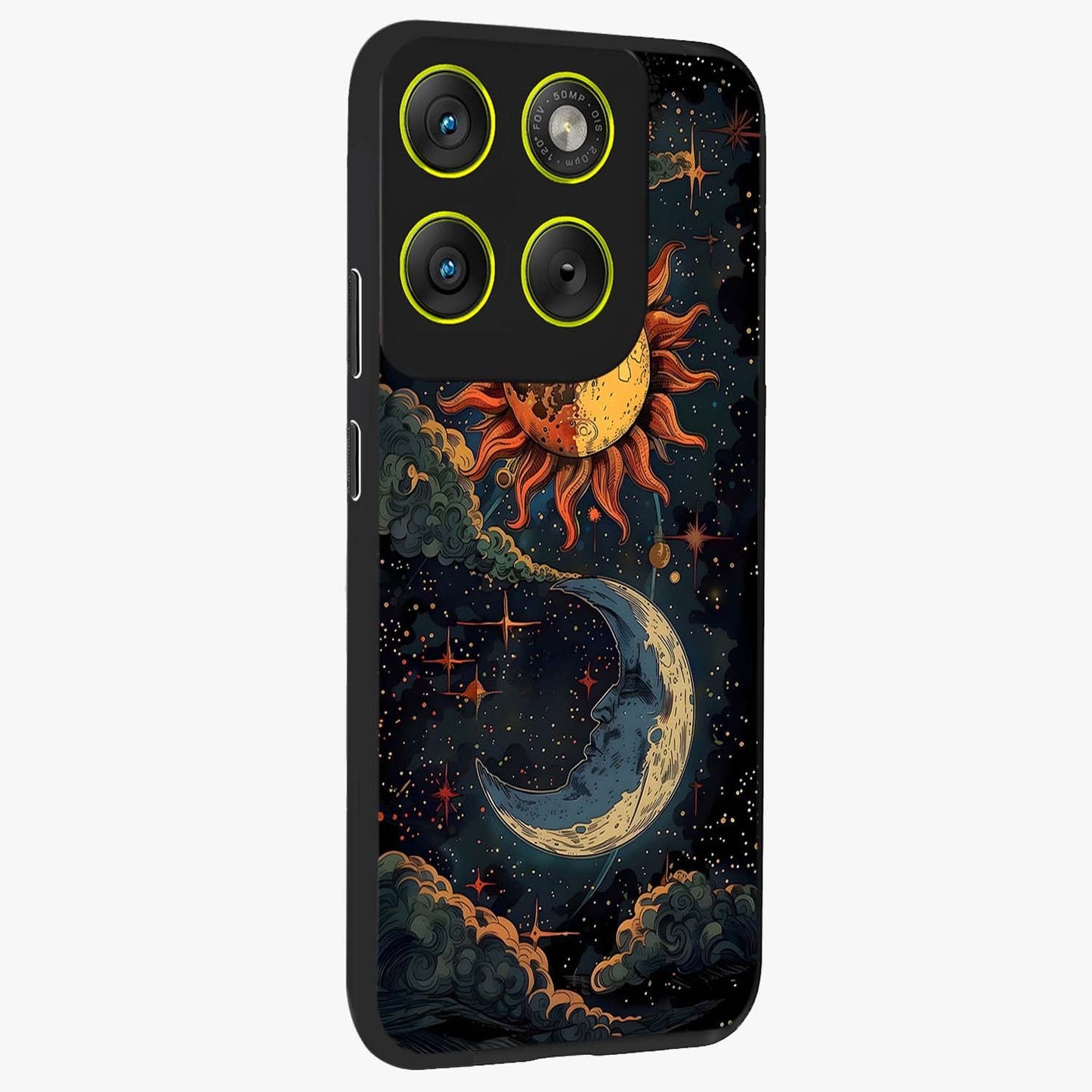 Sun And Moon Magic Design Glass Case upright view showcasing decorative sun and moon artwork with spiritual celestial theme.