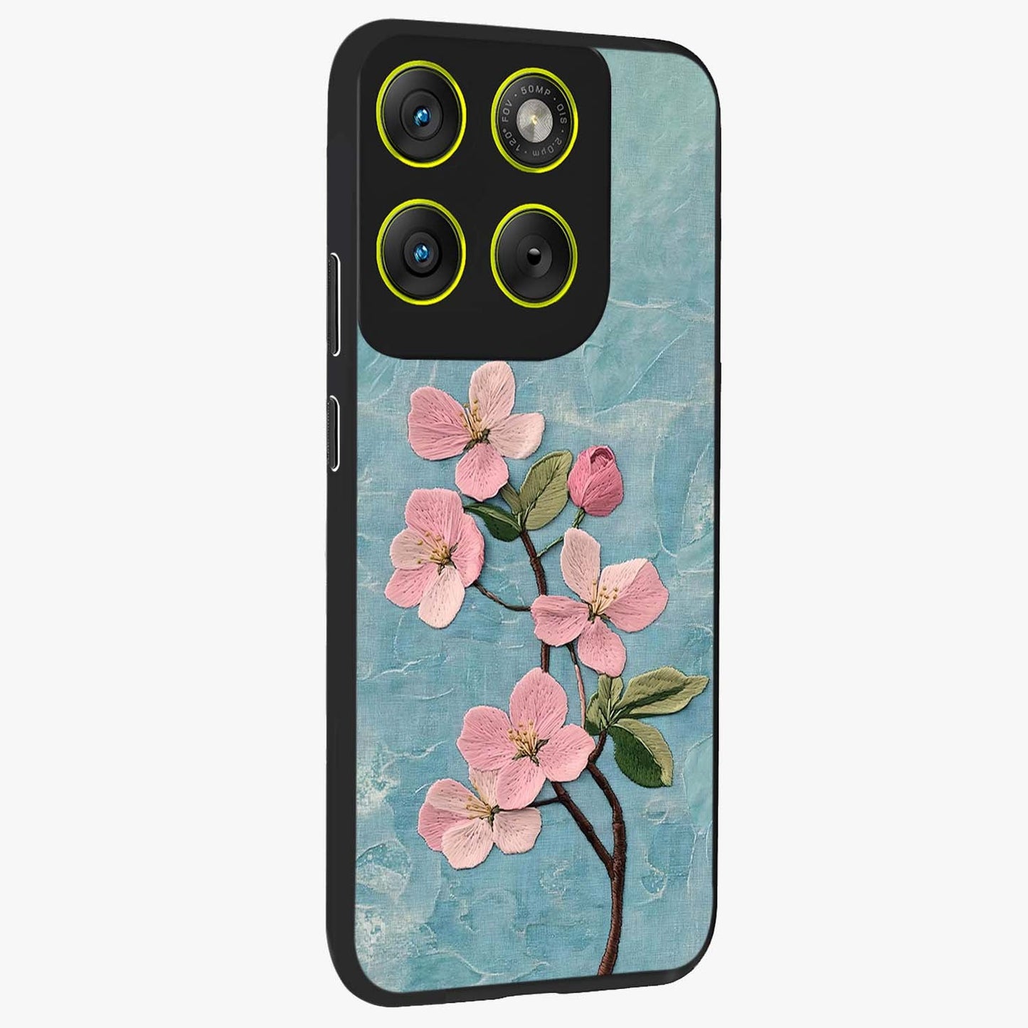 Threaded Blossom Breeze Glass Case upright view showcasing graceful flower artwork with calm botanical theme.