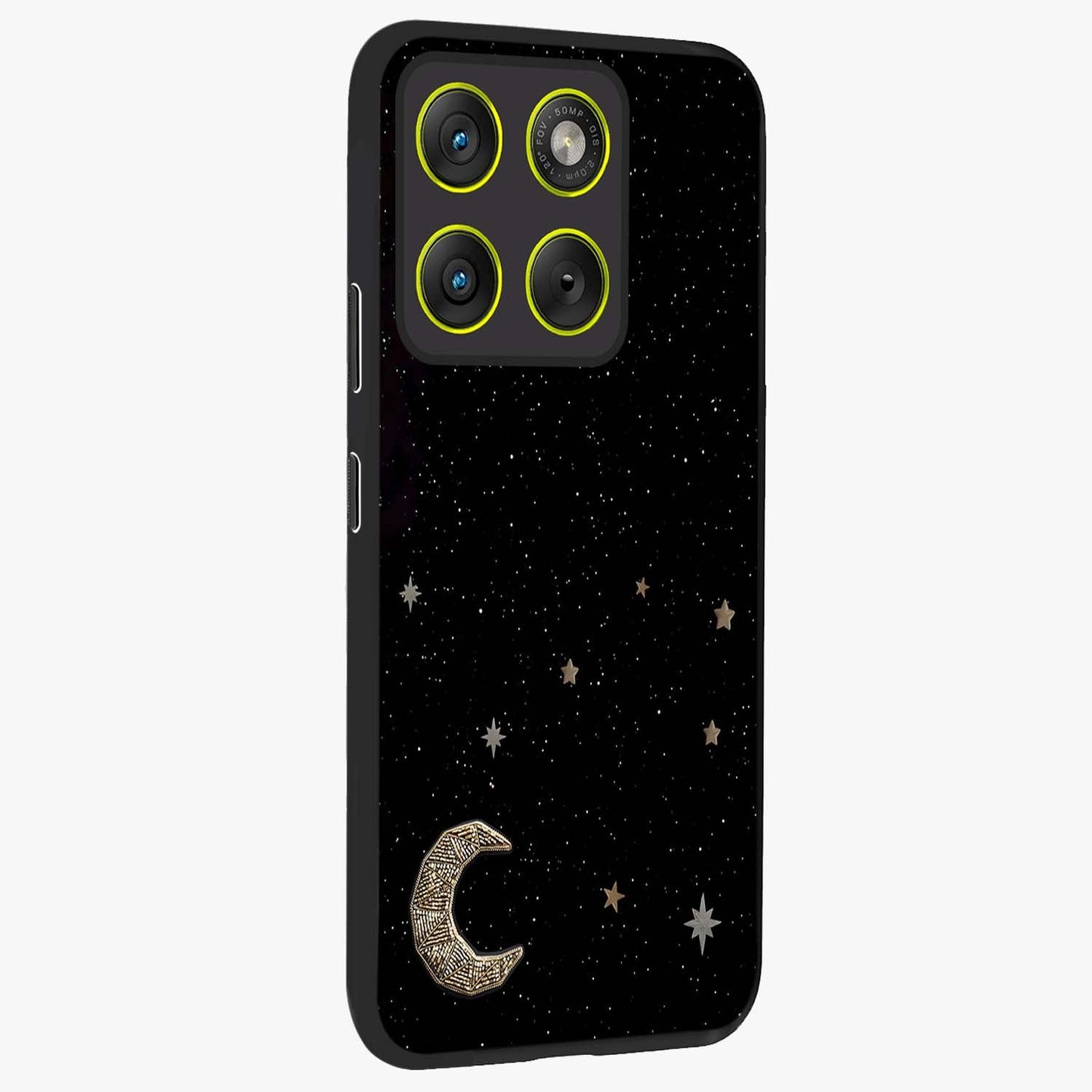 Twinkle Star With Half Moon Glass Case upright view showcasing glowing cosmic artwork with dreamy night theme.