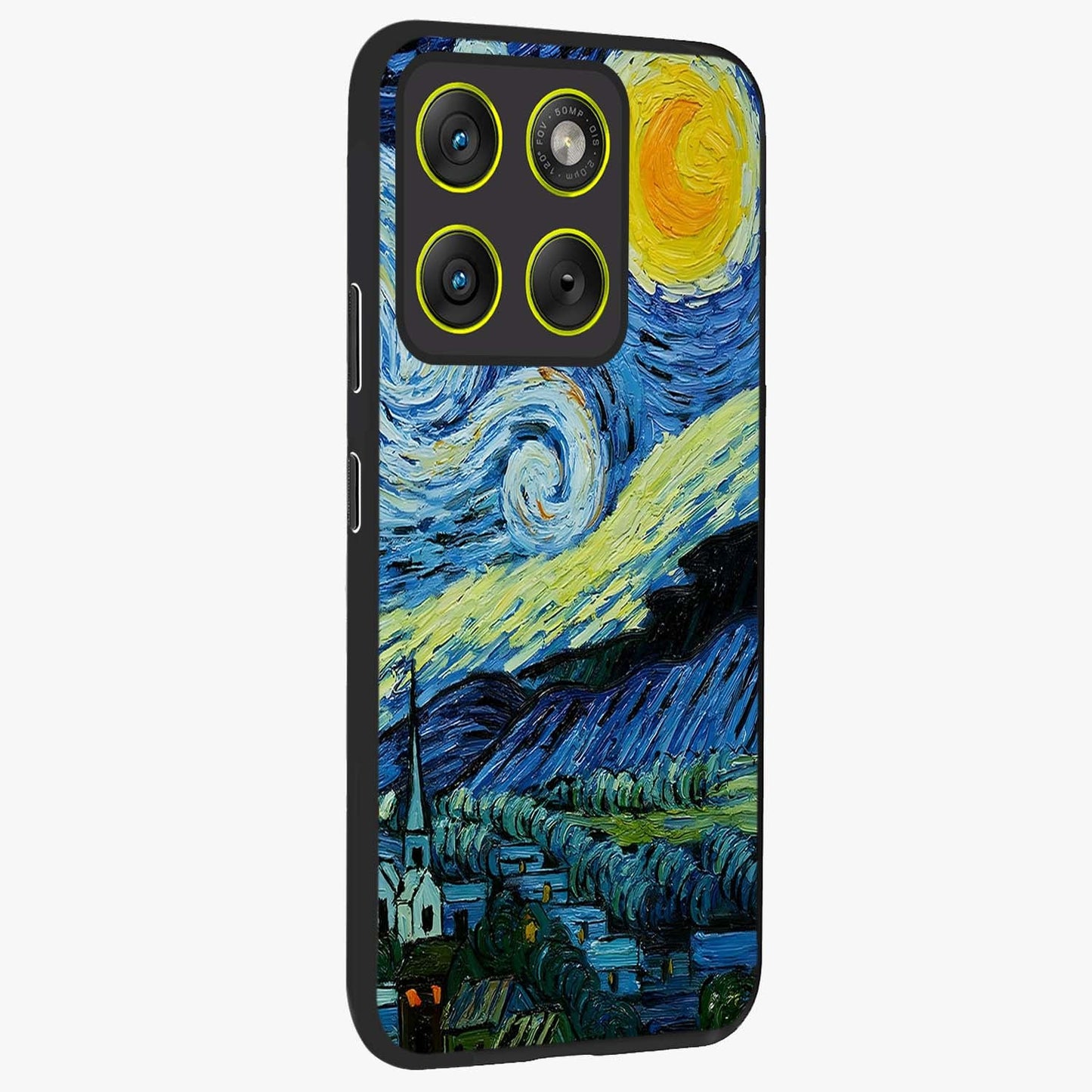 Van Gogh Art Glass Case upright view showcasing expressive painting style artwork with timeless artistic theme.
