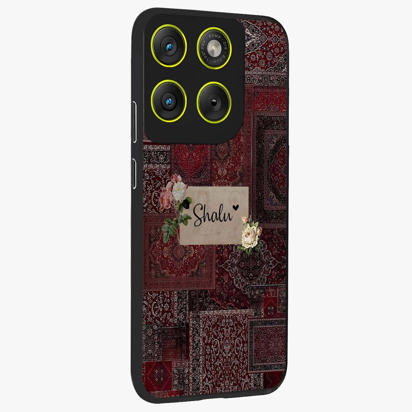 Velvet Wine Pattern Custom Name Glass Case upright view showcasing luxurious wine toned artwork with personalized aesthetic.