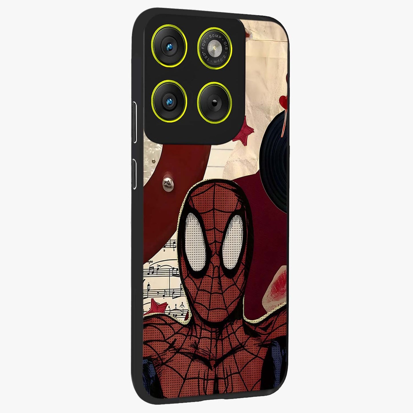 Web Warrior Vibes Glass Case upright view showcasing energetic superhero artwork with bold action theme.