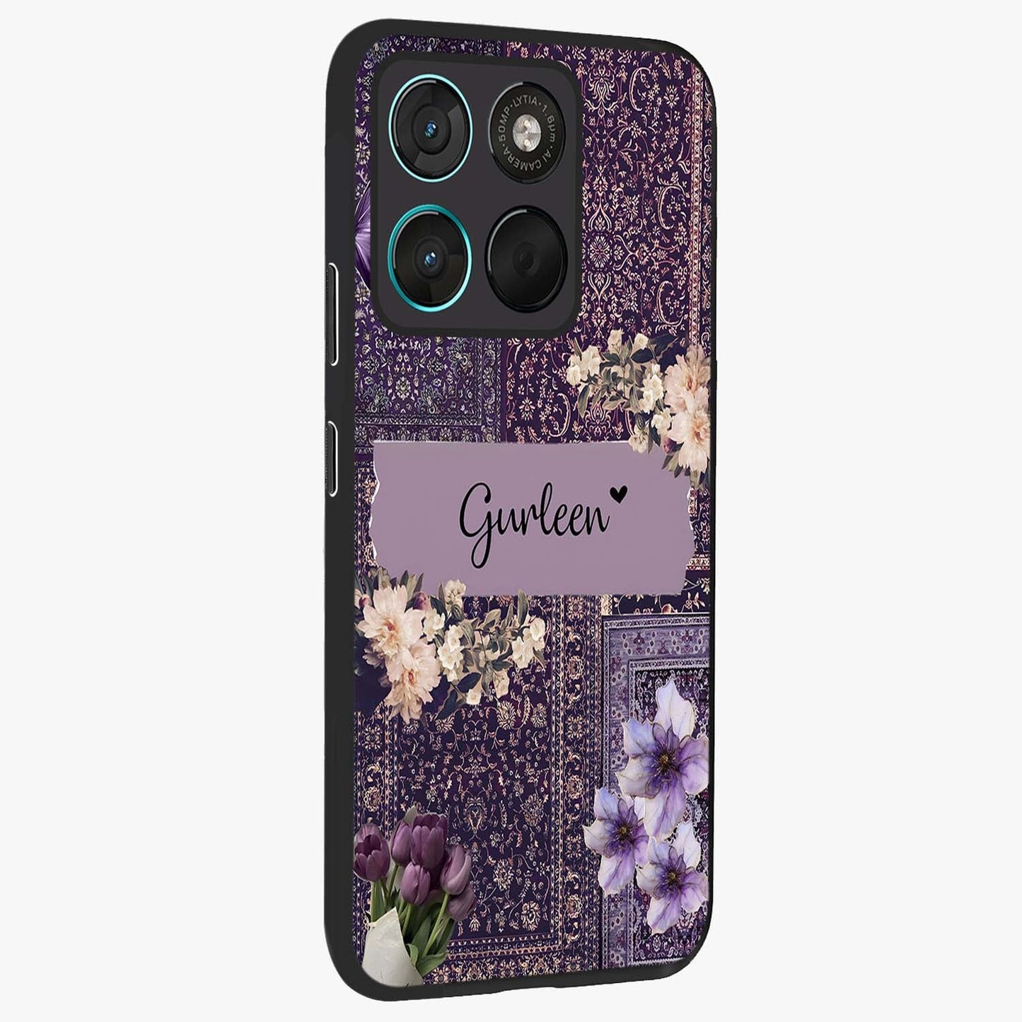Antique Floral Whisper Custom Name Glass Case upright view showcasing delicate floral artwork with custom name feature.