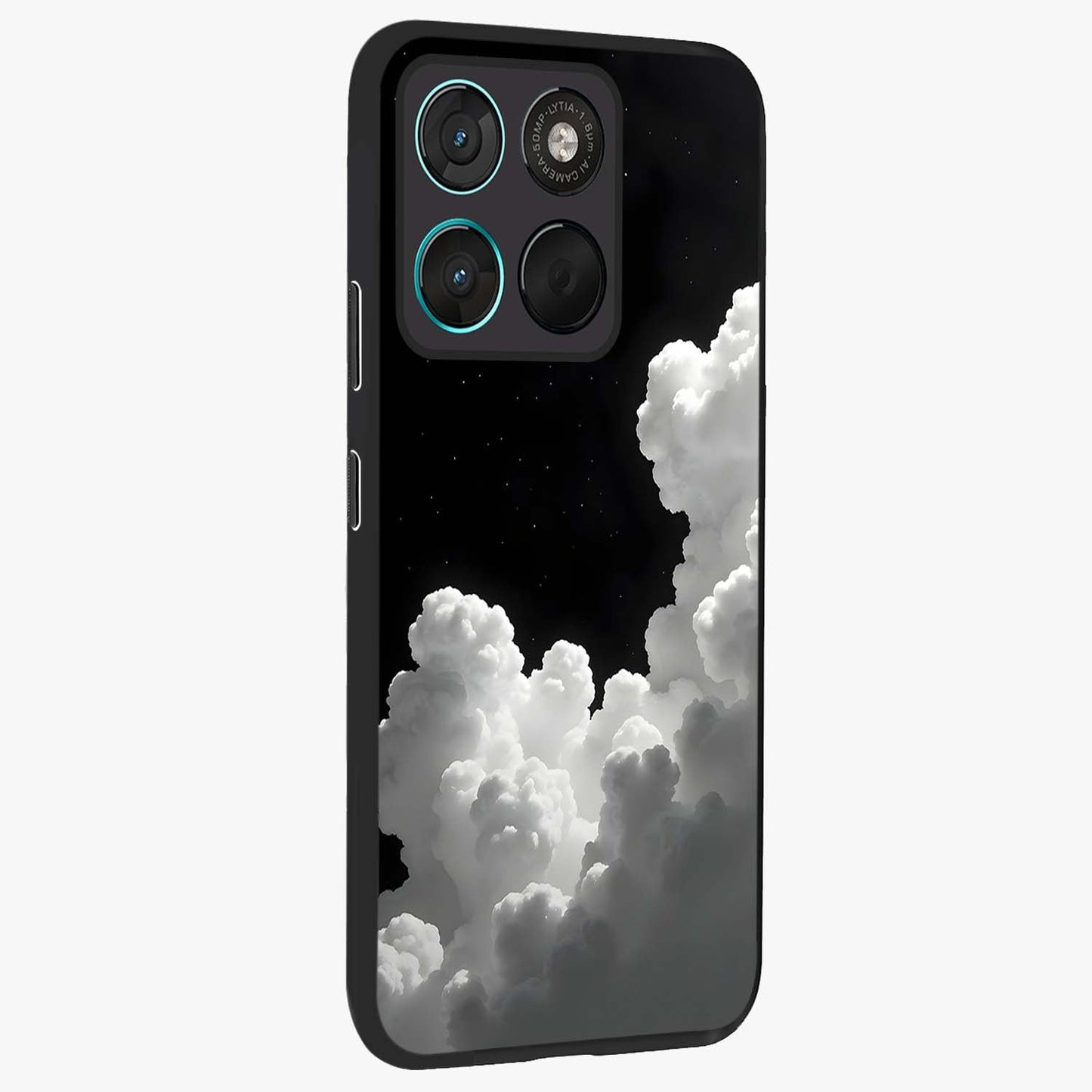 Black Background With White Cloud Glass Case upright view showcasing calm cloud aesthetic with modern minimal style.