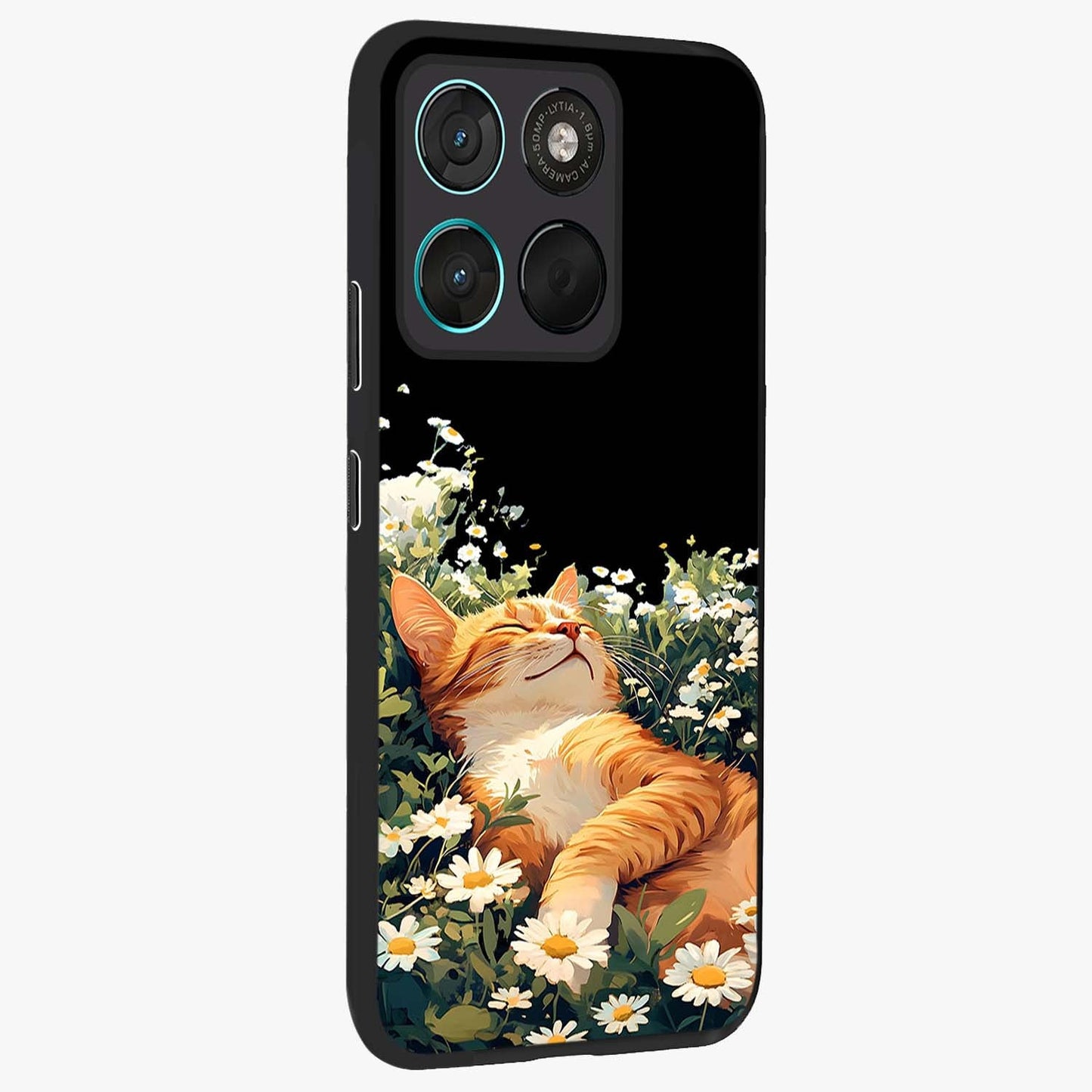 Blissful Bloom Cat Glass Case upright view showcasing charming cat design surrounded by blooming floral elements.