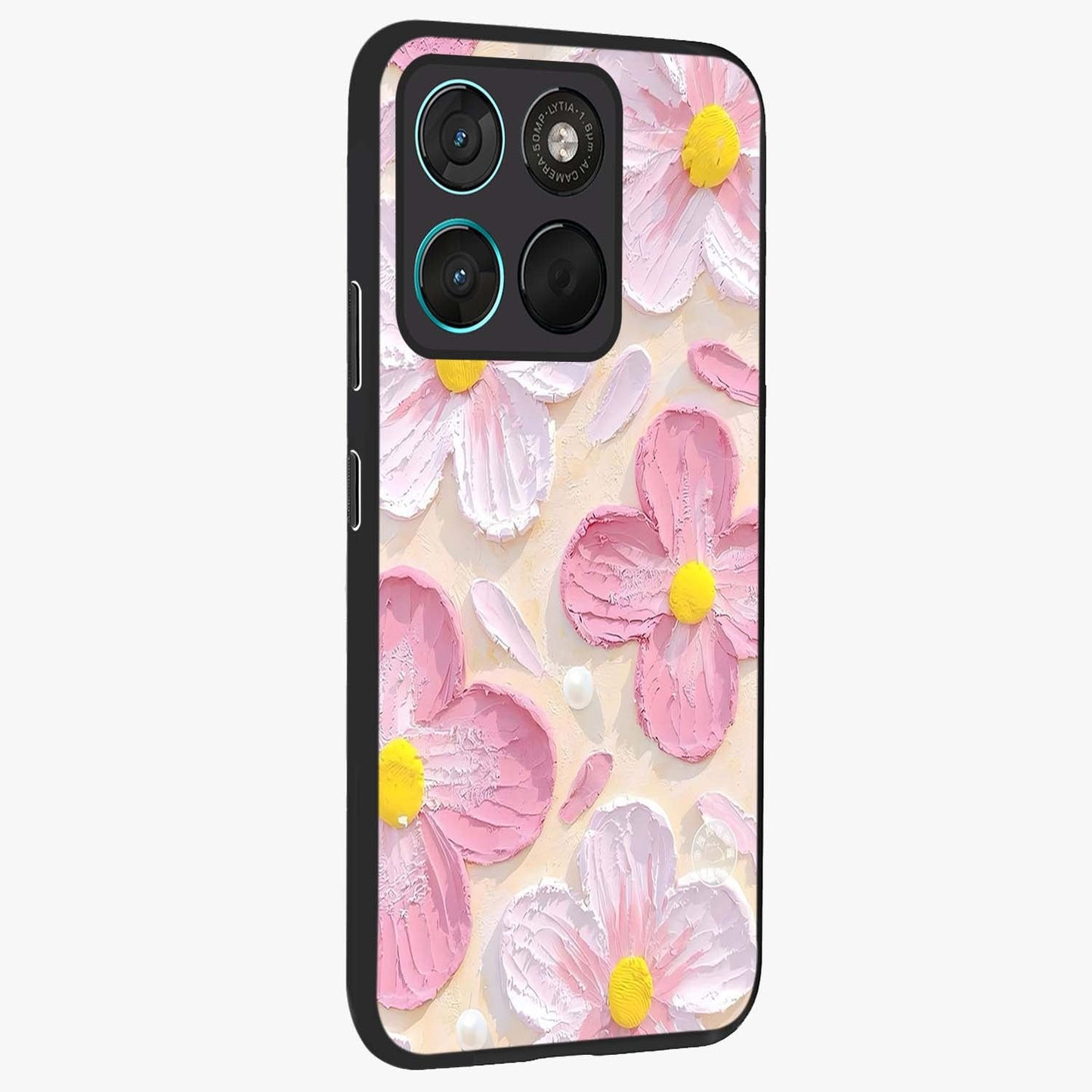 Blush Bloom Texture Glass Case upright view showcasing delicate blush floral texture with modern minimal style.
