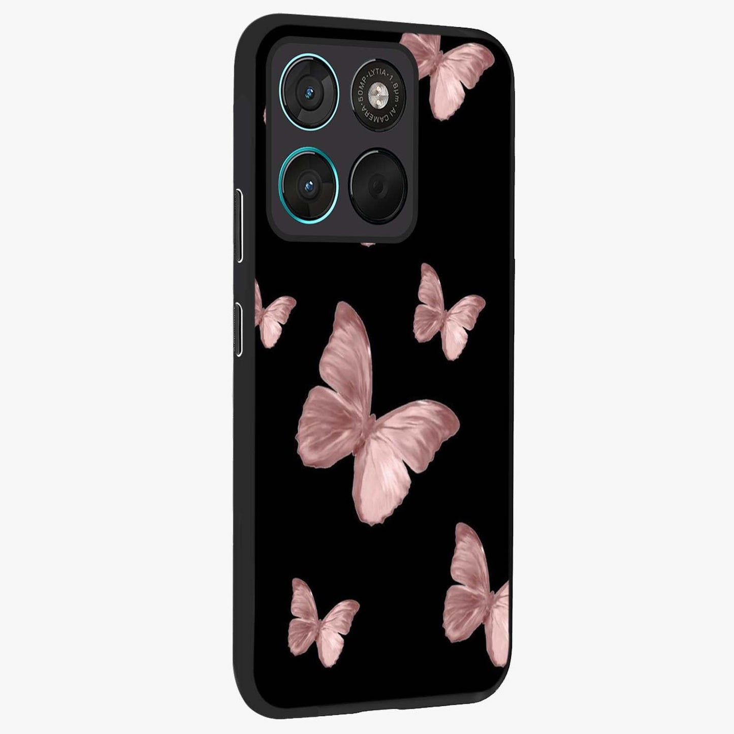 Butterfly Pattern Glass Case upright view showcasing graceful butterfly artwork with soft decorative theme.