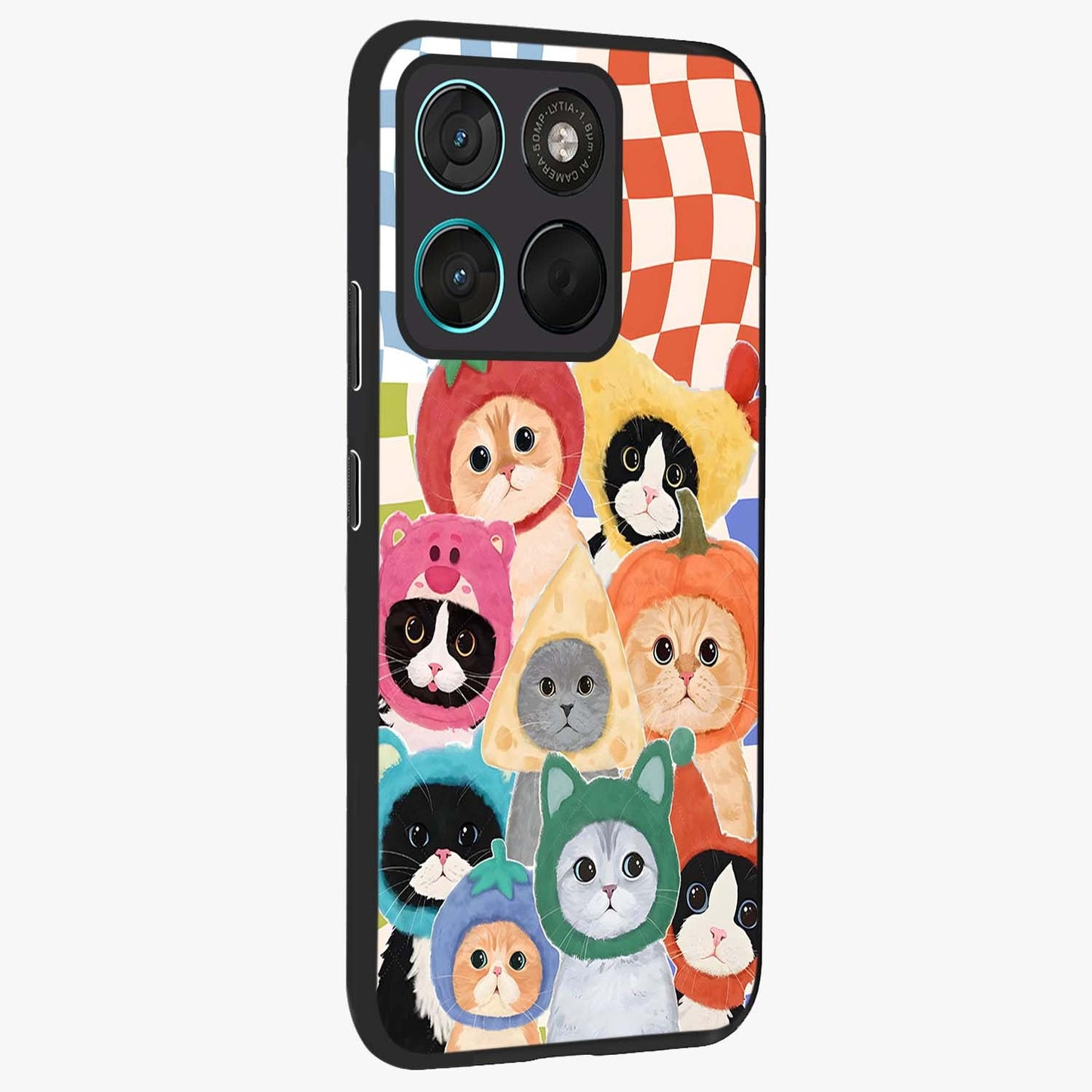 Cats in Fruits Glass Case upright view showcasing charming cat artwork with fun fruity theme.