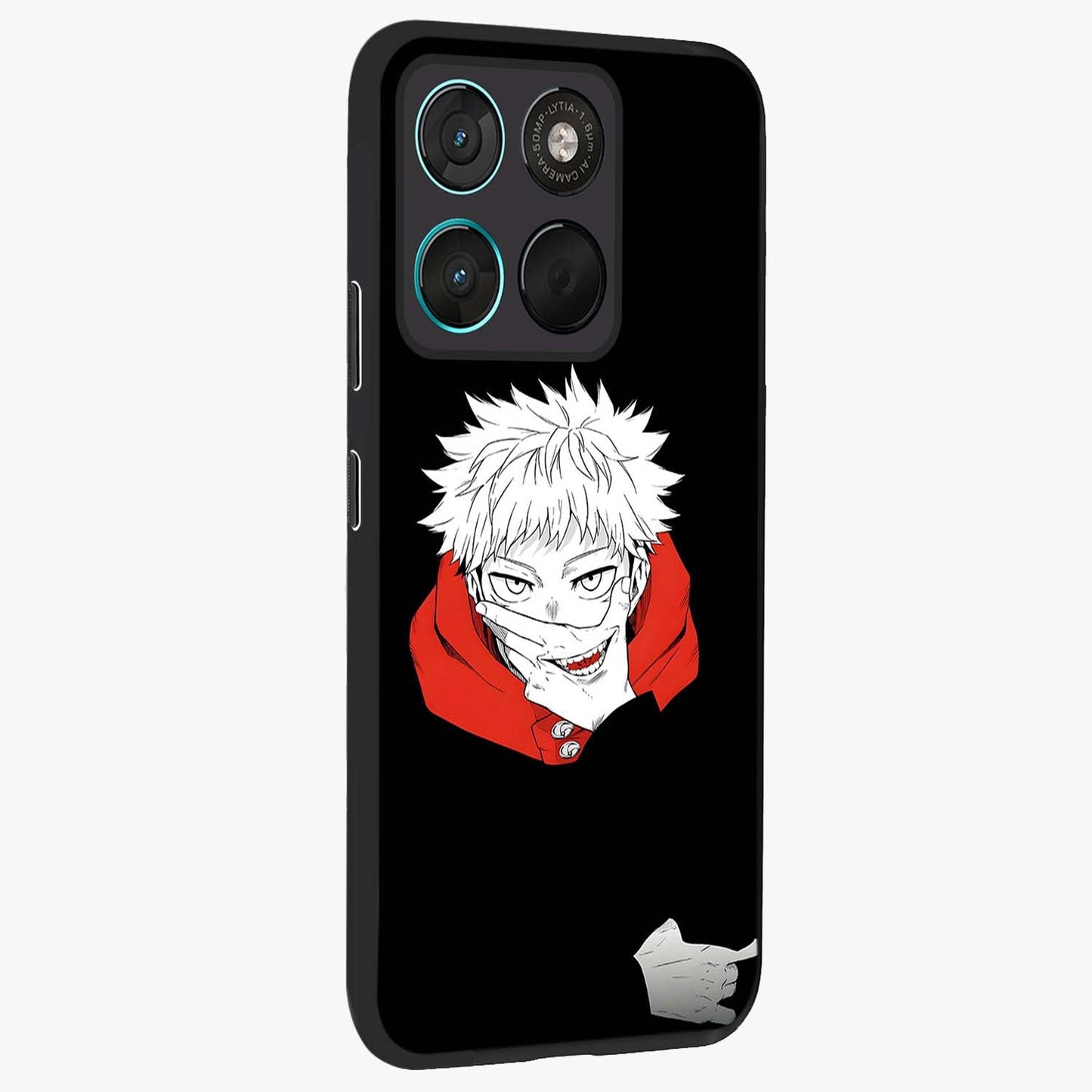 Crimson Chaos Smile Glass Case upright view showcasing expressive chaotic artwork with striking visual theme.