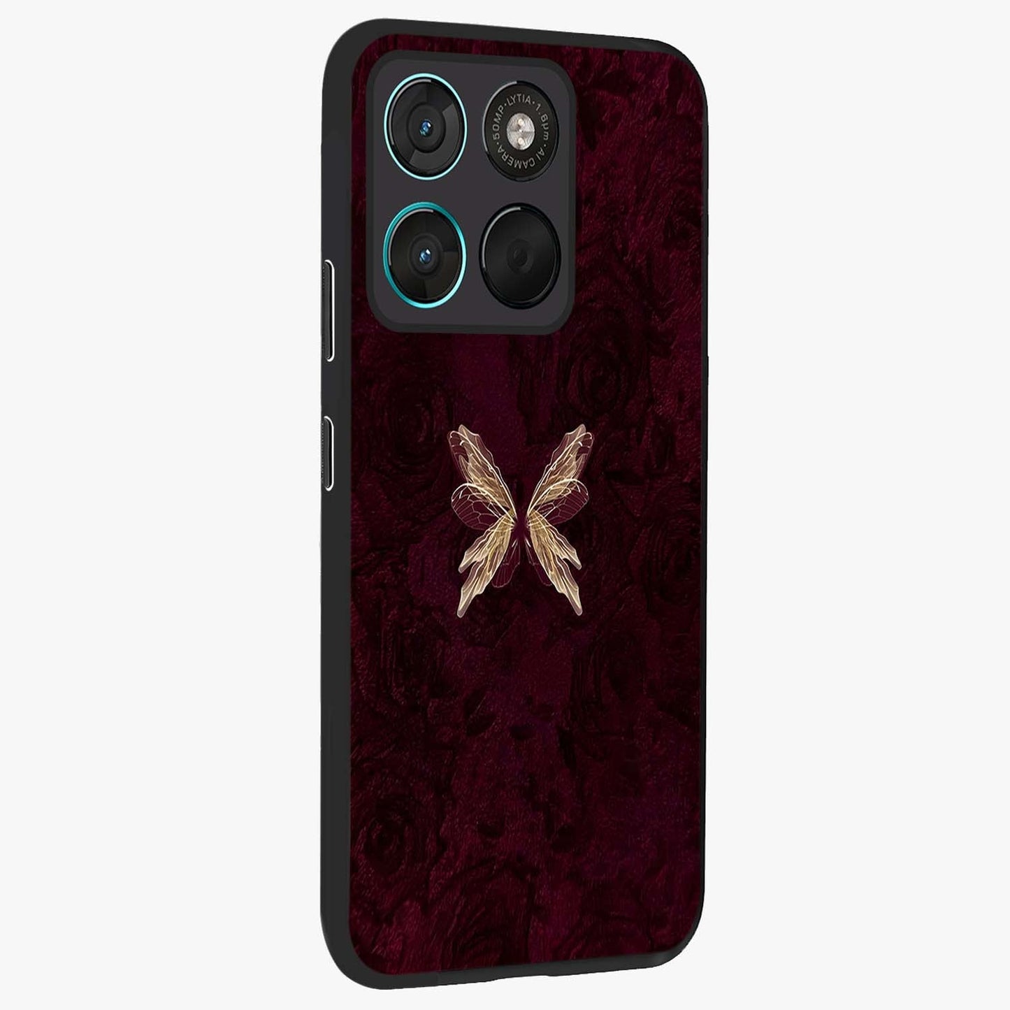 Crimson Fade Butterfly Glass Case upright view showcasing graceful butterfly artwork with soft crimson fade effect.