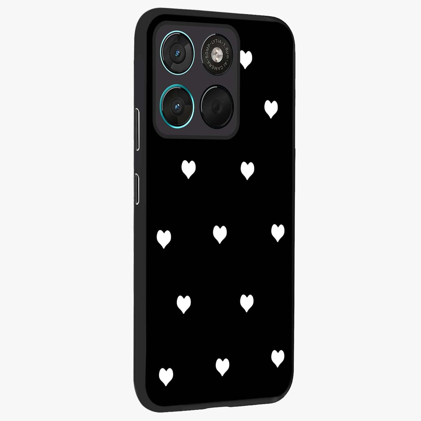 Cute And Simple White Hearts Glass Case upright view showcasing simple white hearts artwork with soft minimal theme.
