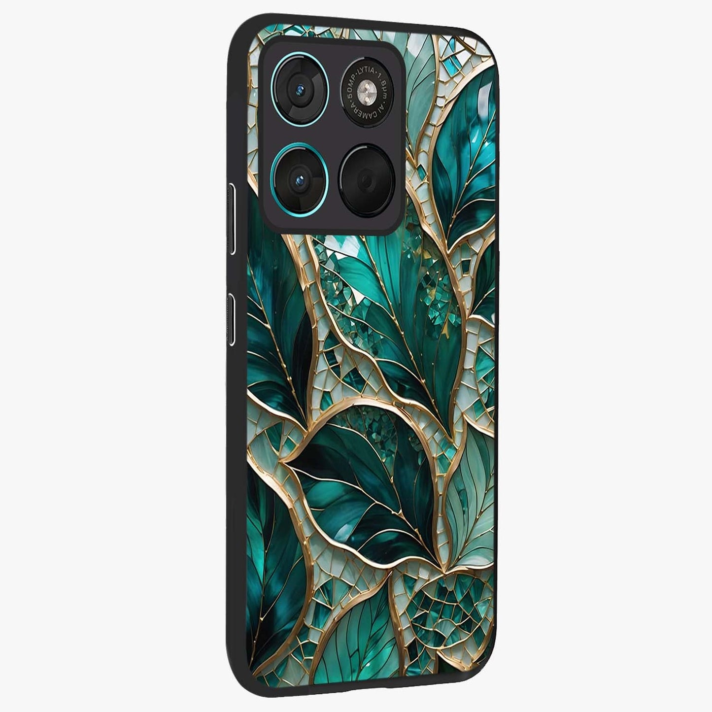 Emerald Leaf Glass Glass Case upright view showcasing fresh green leaf artwork with calming nature inspired style.
