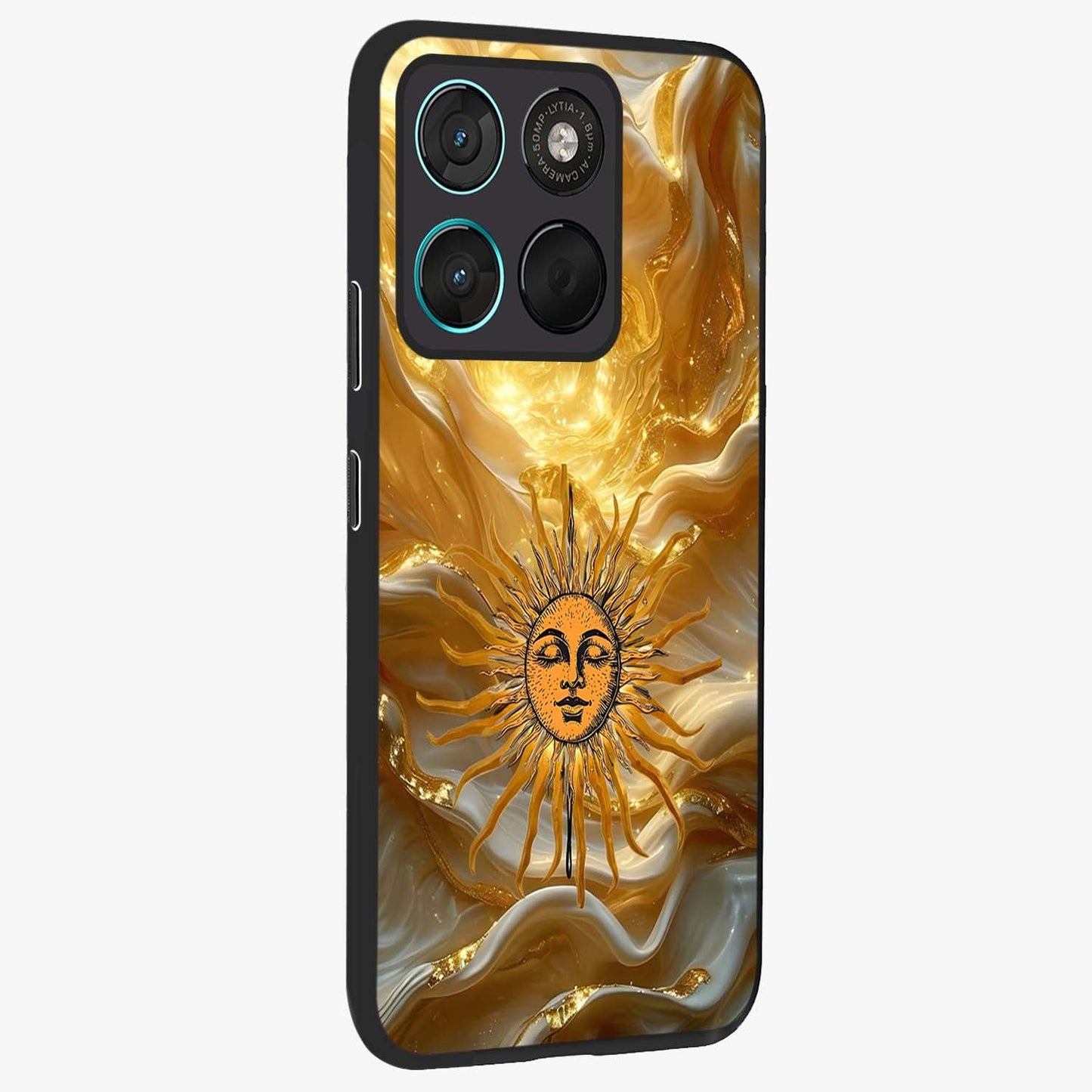 Eternal Golden Glow Glass Case upright view showcasing luminous golden artwork with luxurious visual theme.