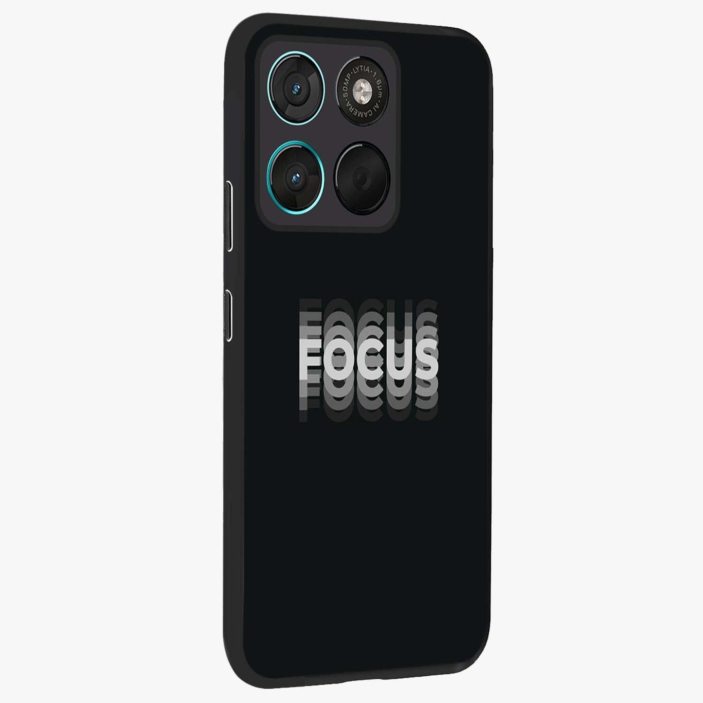 Focus Mode On Glass Case upright view showcasing strong typography statement with sleek motivational theme.