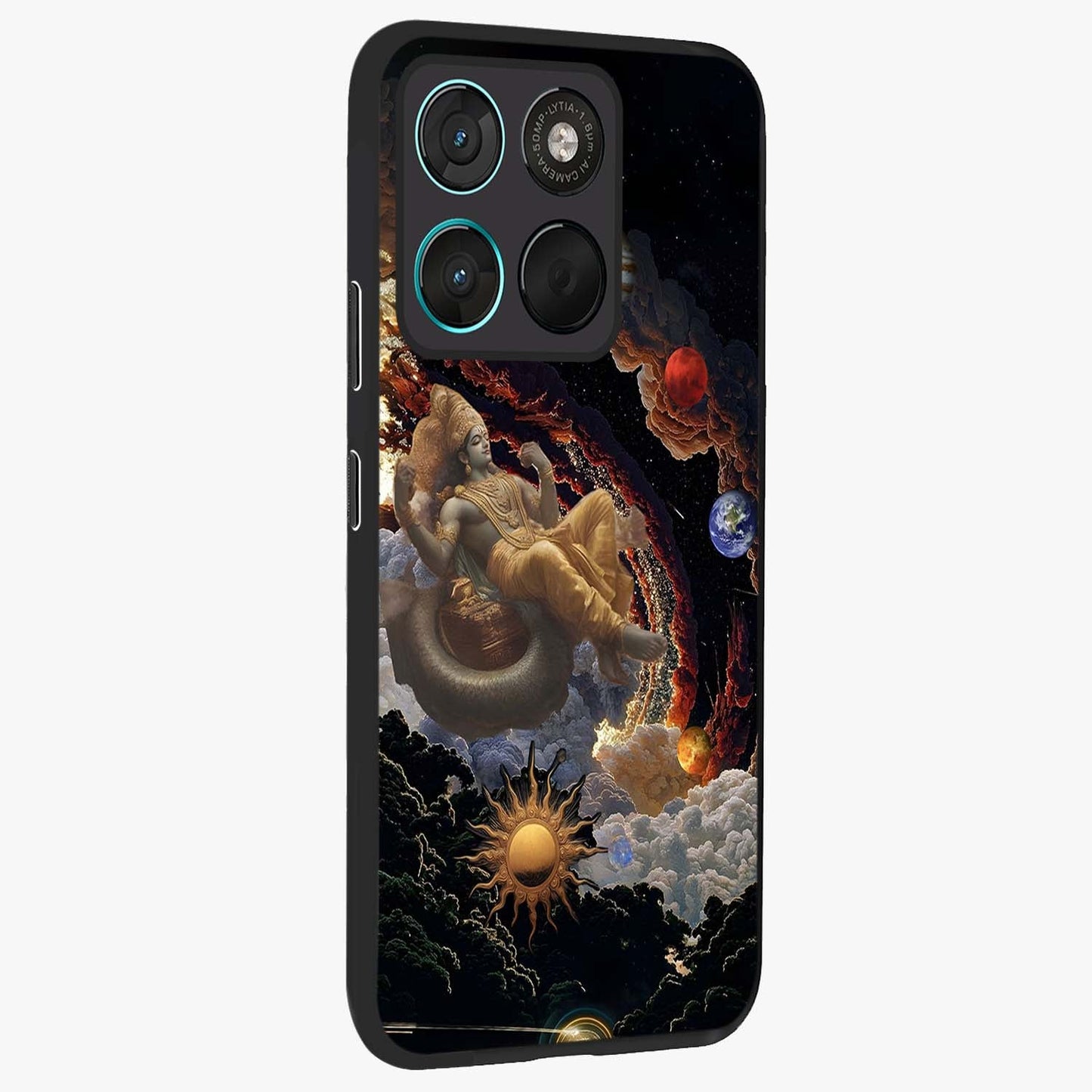 Galactic Divine God Glass Case upright view showcasing mystical divine artwork with dramatic cosmic theme.
