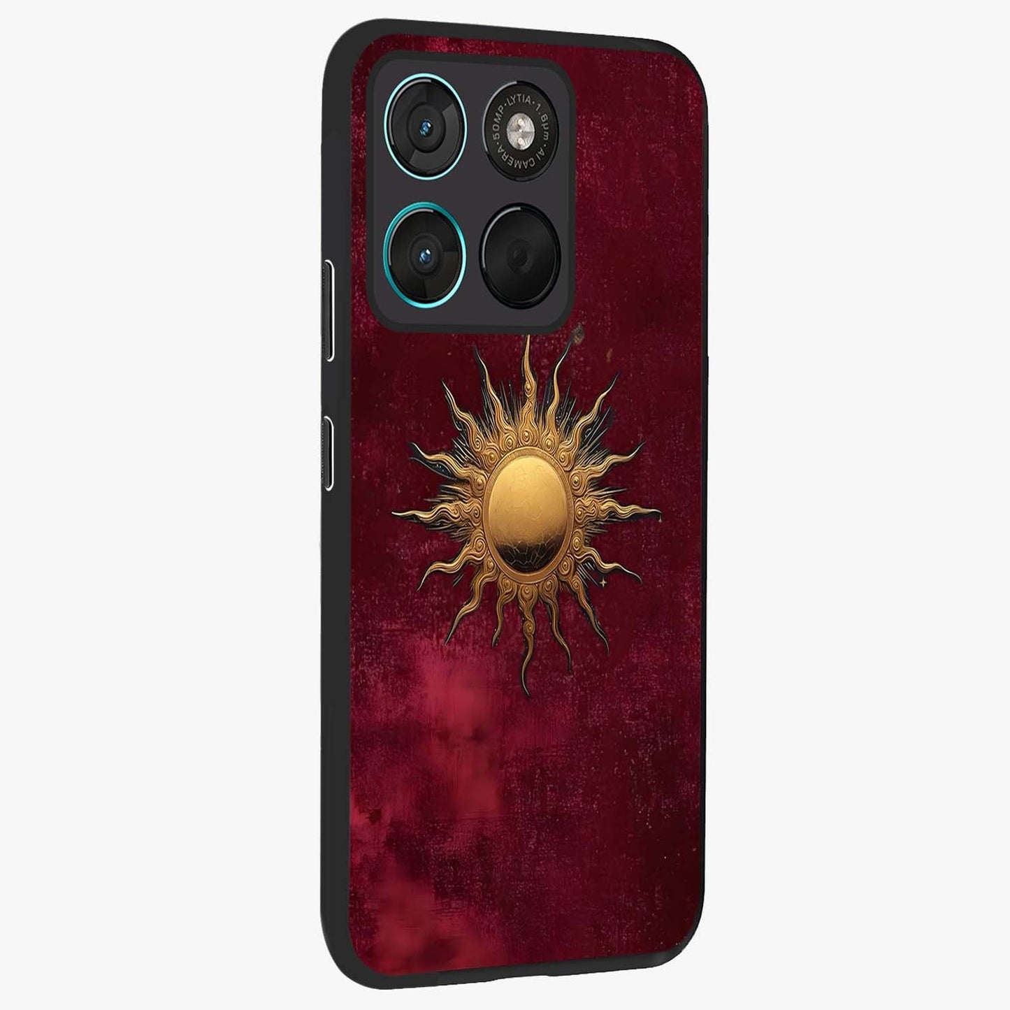Golden Sun Minimalism Glass Case upright view showcasing simple golden sun artwork with elegant minimalist style.