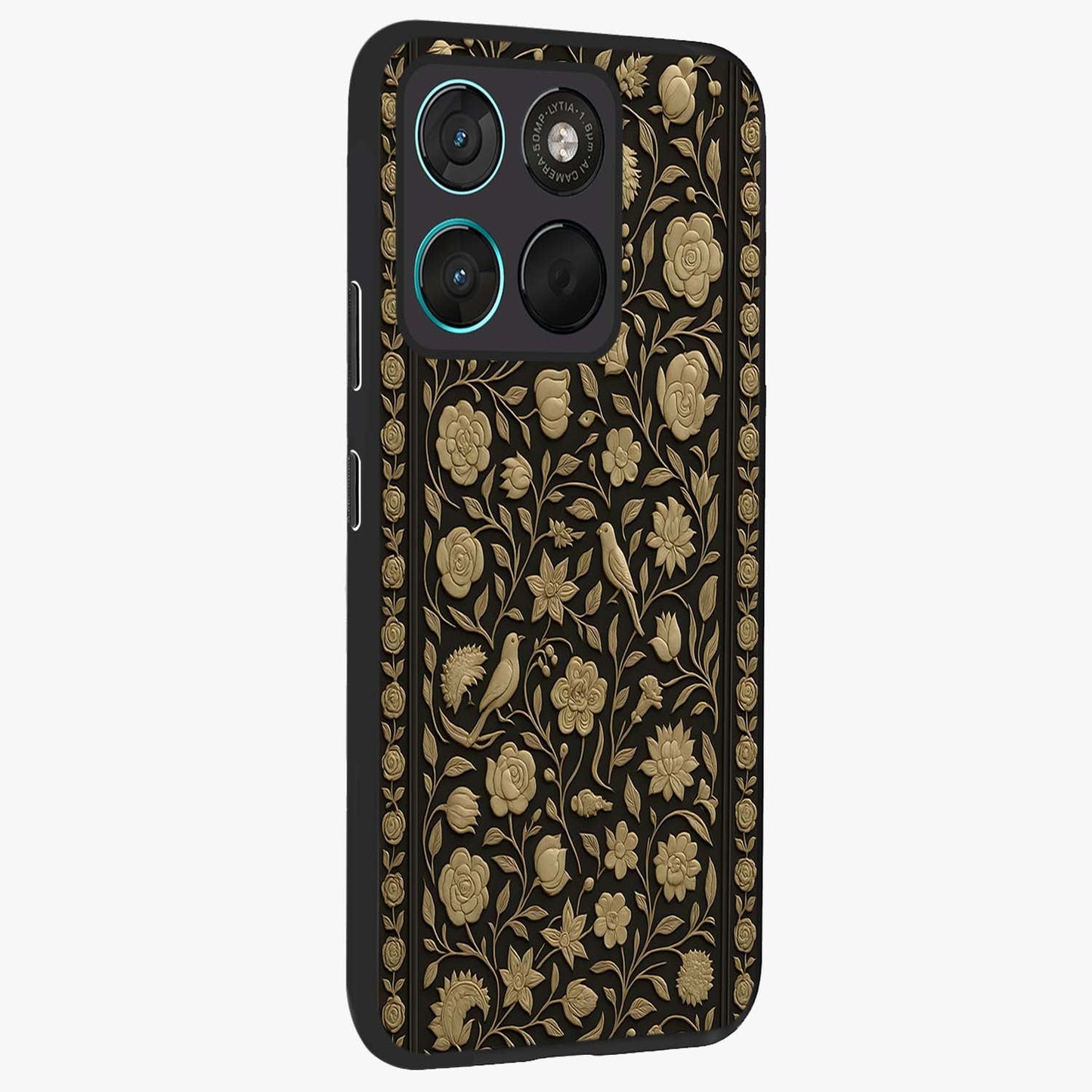 Golden Evil Eye Mandala Glass Case upright view showcasing decorative evil eye mandala artwork with spiritual aesthetic style.