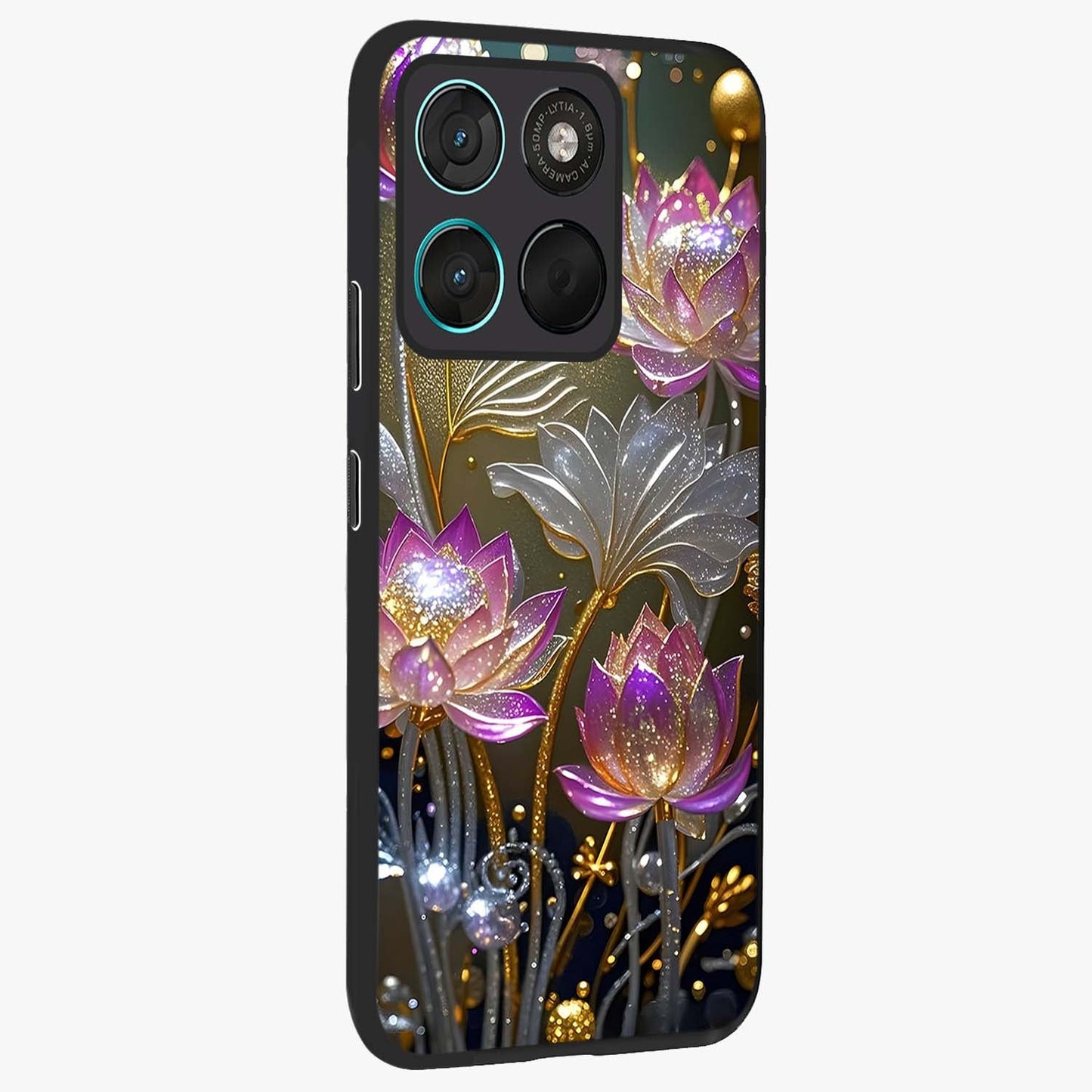 Golden Floral Majesty Glass Case upright view showcasing majestic floral artwork with rich decorative theme.