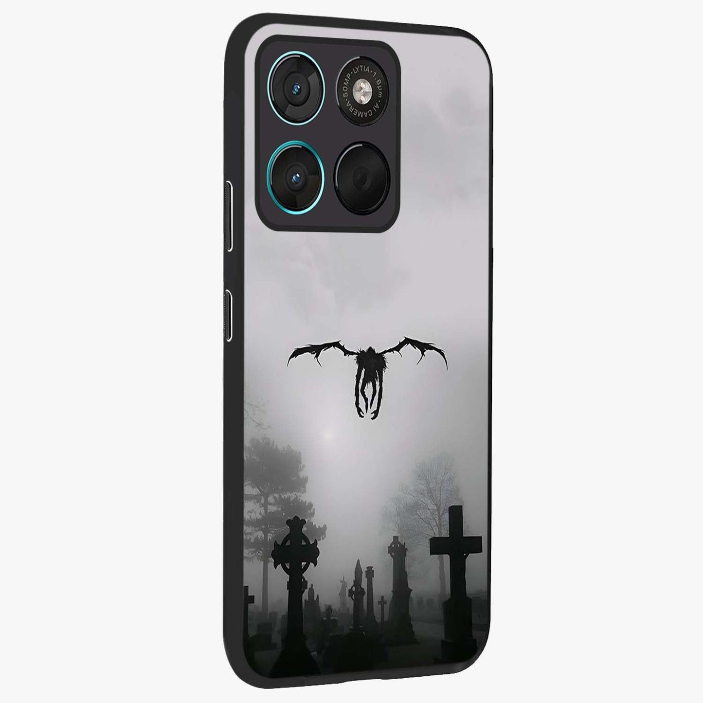 Graveyard Shadow Descent Glass Case upright view showcasing haunting graveyard artwork with dramatic dark theme.