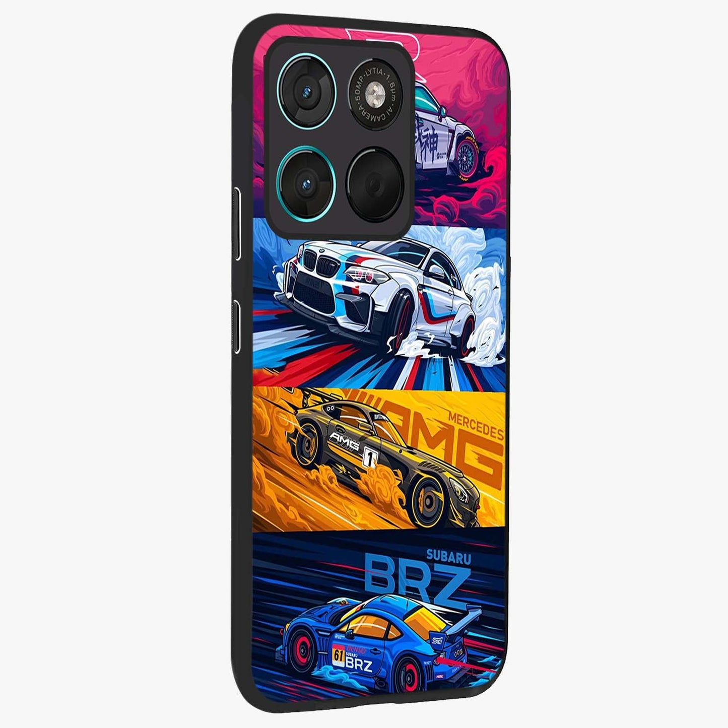 JDM Sports Car Glass Case upright view showcasing dynamic sports car artwork with bold racing theme.