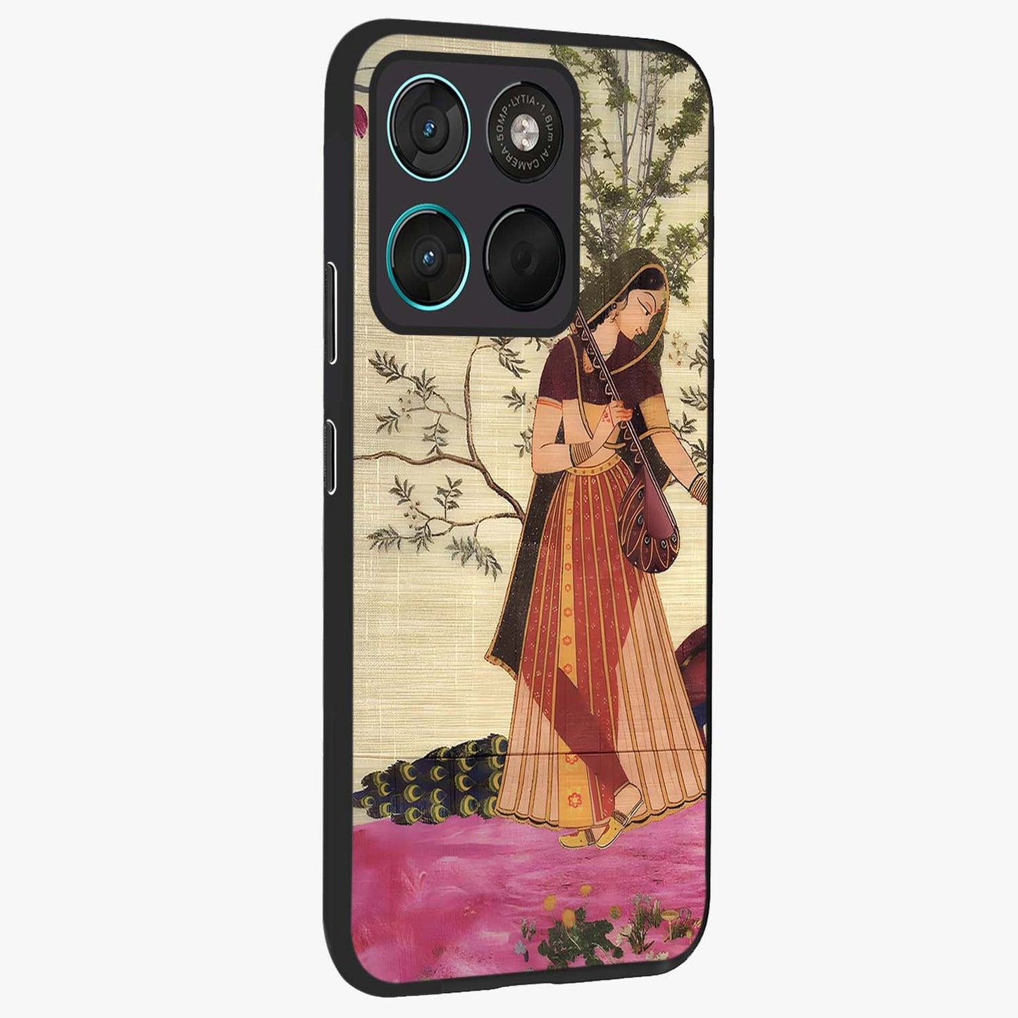 Lady With Veena Art Glass Case upright view showcasing classical veena artwork with traditional artistic theme.