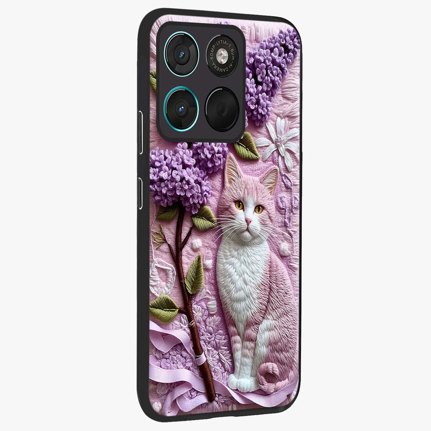 Lavender Cat Whimsy Glass Case upright view showcasing charming cat artwork with whimsical lavender theme.