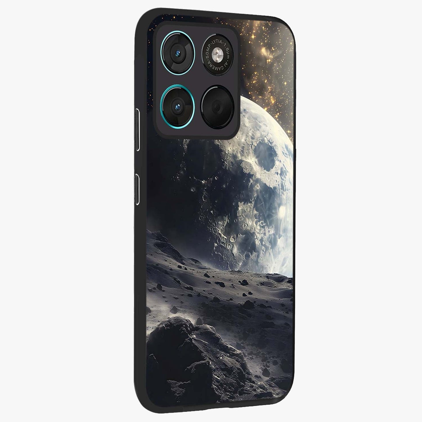 Lunar Horizon Glow Glass Case upright view showcasing radiant lunar artwork with calm cosmic theme.
