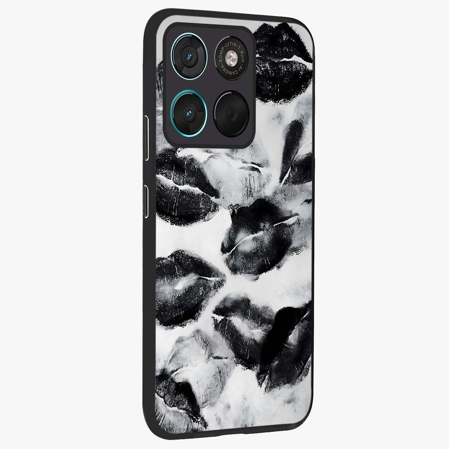 Midnight Kiss Marks Glass Case upright view showcasing stylish kiss mark artwork with trendy romantic theme.