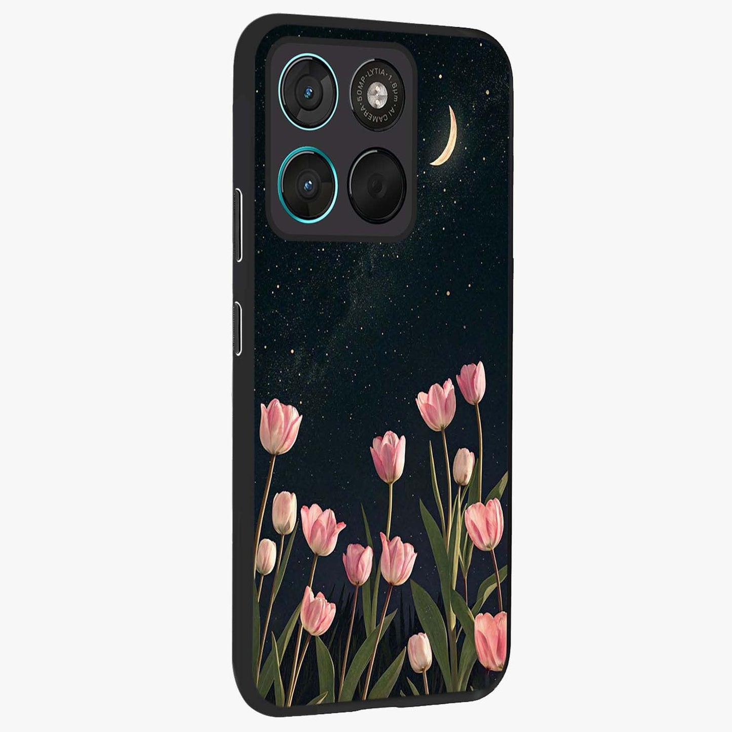 Midnight Tulip Whispers Vibe Glass Case upright view showcasing graceful tulip artwork with calm botanical theme.