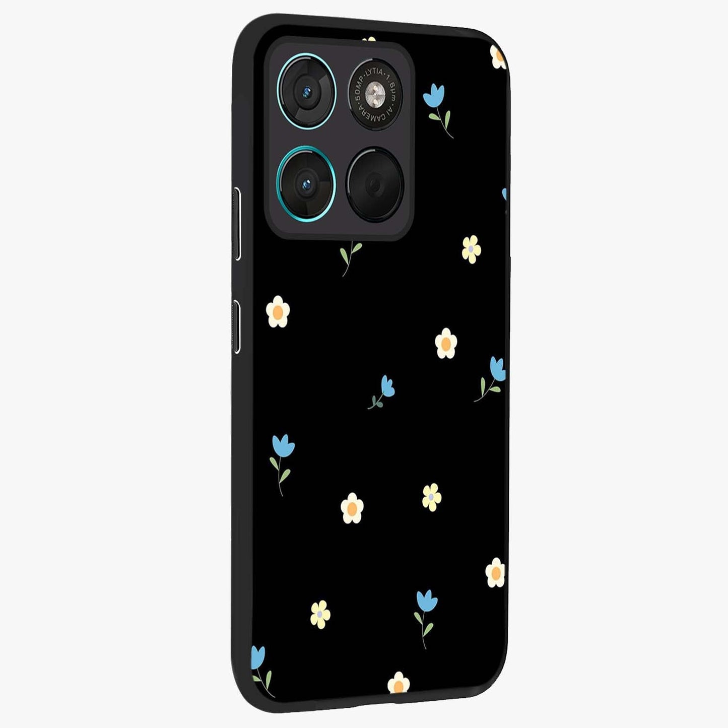 Minimal Petal Whispers Glass Case upright view showcasing elegant floral artwork with modern minimalist style.