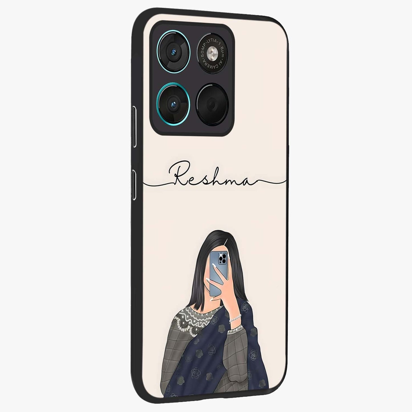 Mirror Mood Muse With Custom Name Glass Case upright view showcasing artistic mirror themed artwork with personalized aesthetic.