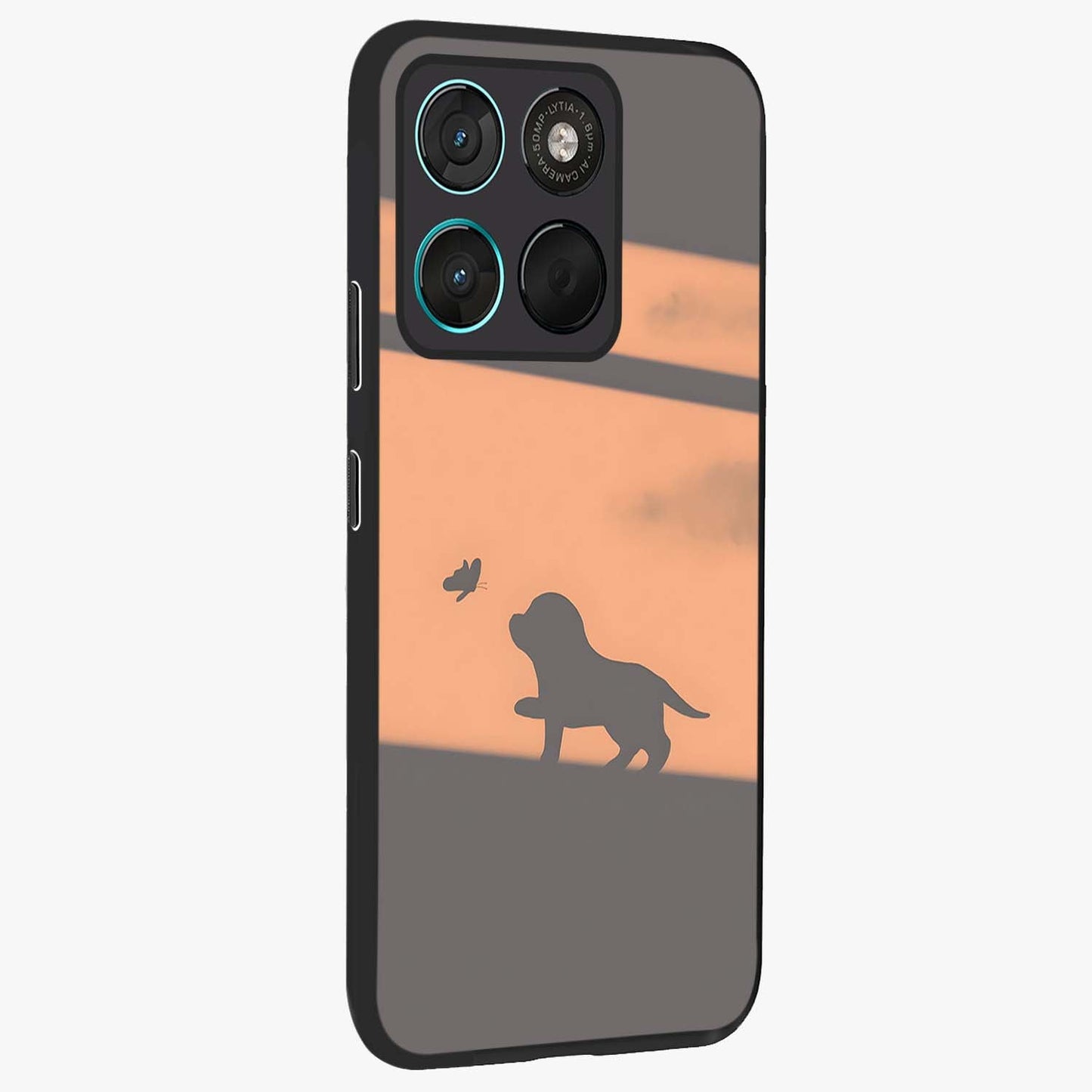 Puppy Shadow Art Glass Case upright view showcasing charming puppy artwork with creative silhouette theme.