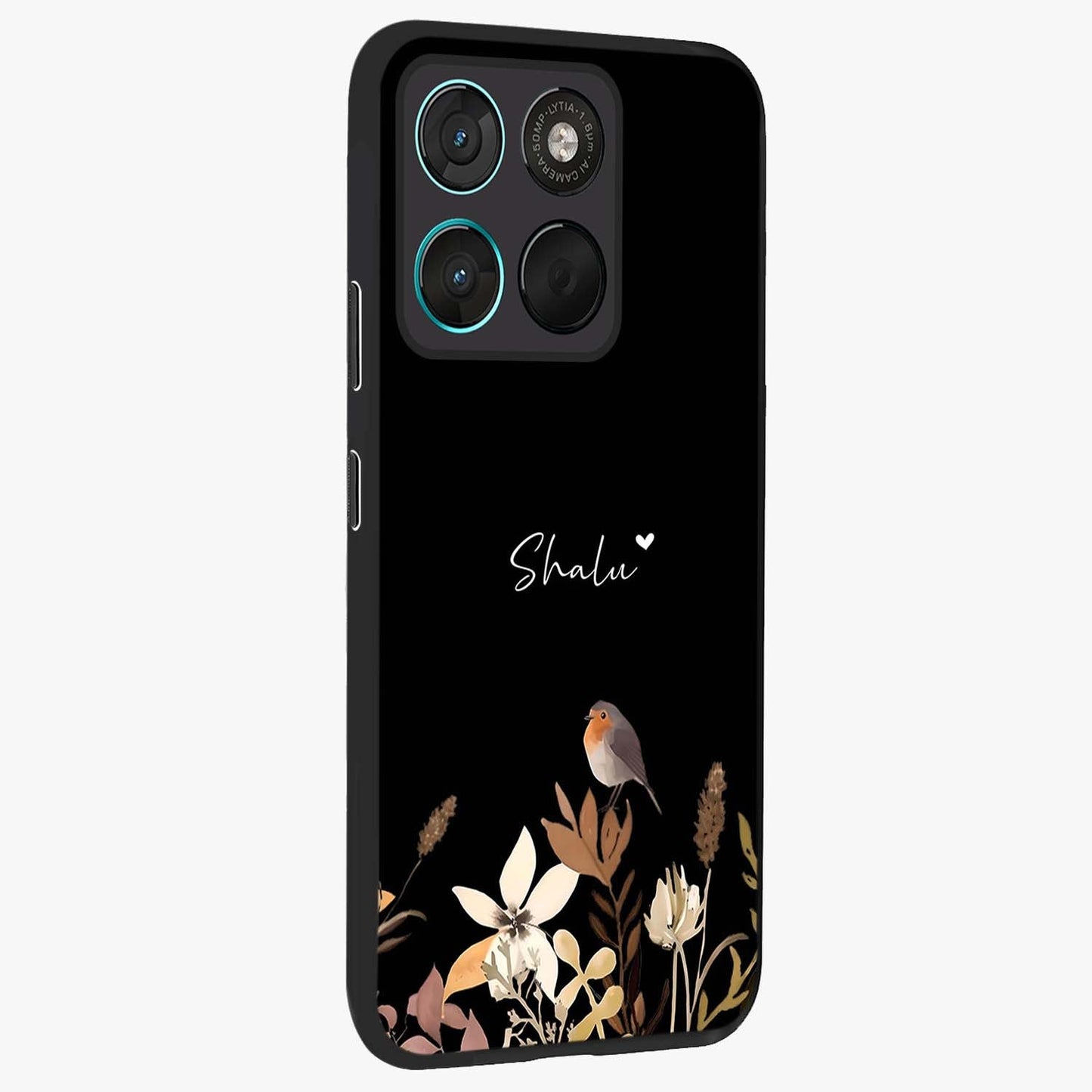 Quiet Garden Tune Custom Name Glass Case upright view showcasing serene botanical artwork with personalized aesthetic.