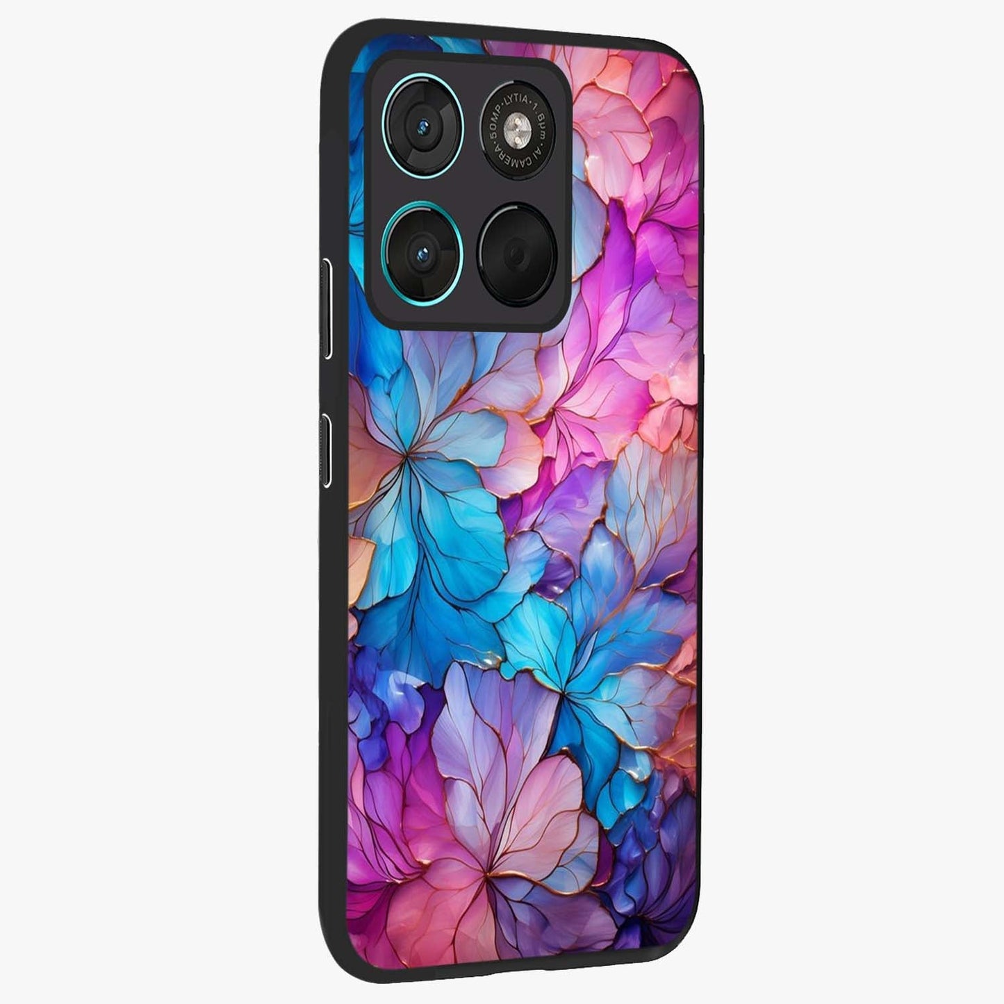 Radiant Floral Whirl Glass Case upright view showcasing lively floral artwork with decorative swirl theme.